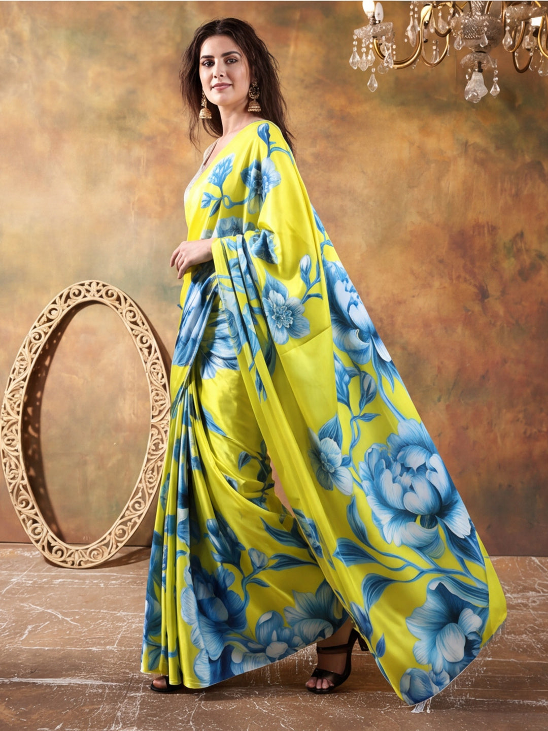 Beautiful Printed Chinon Ready To Wear Saree With Unstitched Blouse