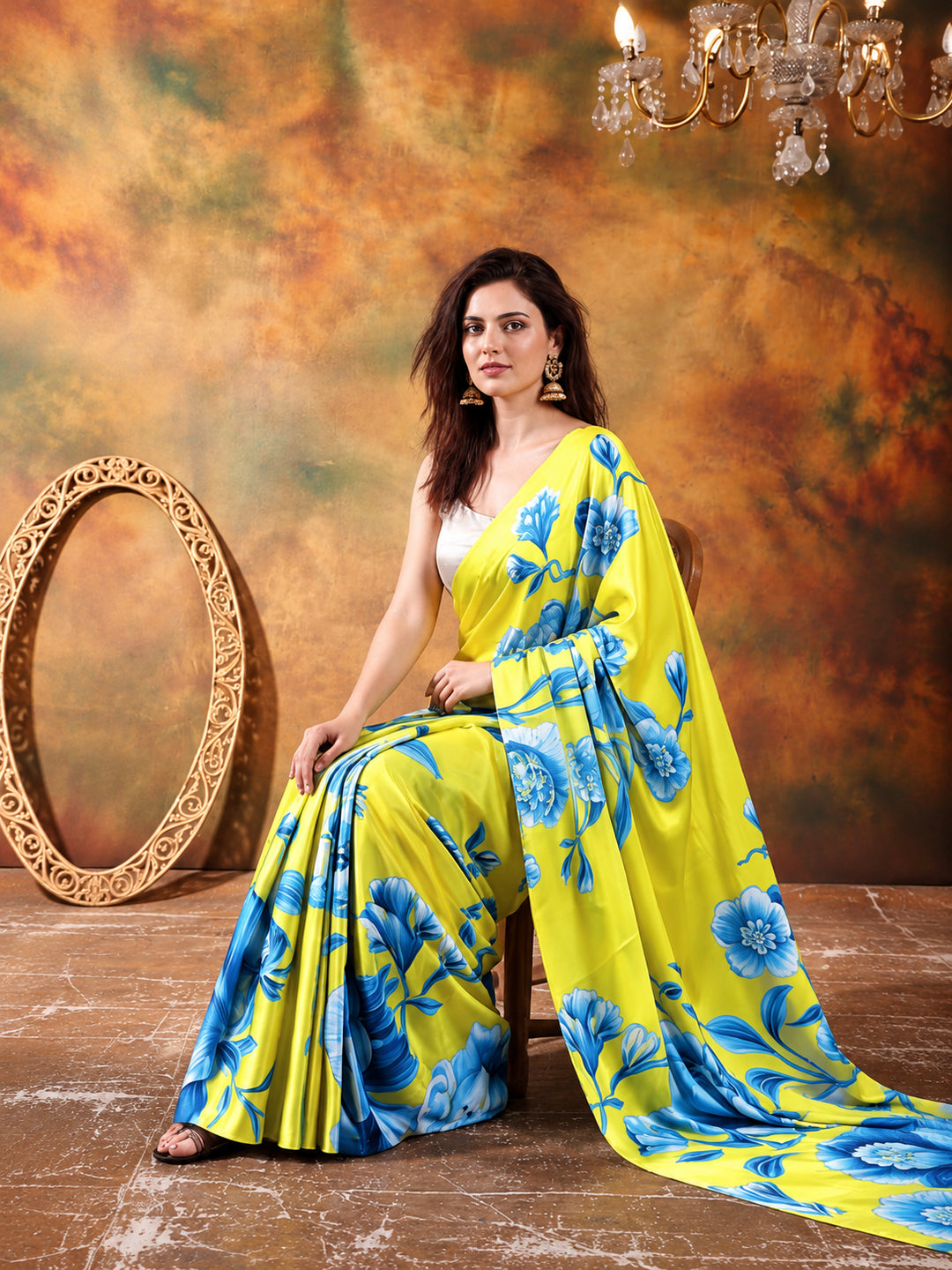 Beautiful Printed Chinon Ready To Wear Saree With Unstitched Blouse