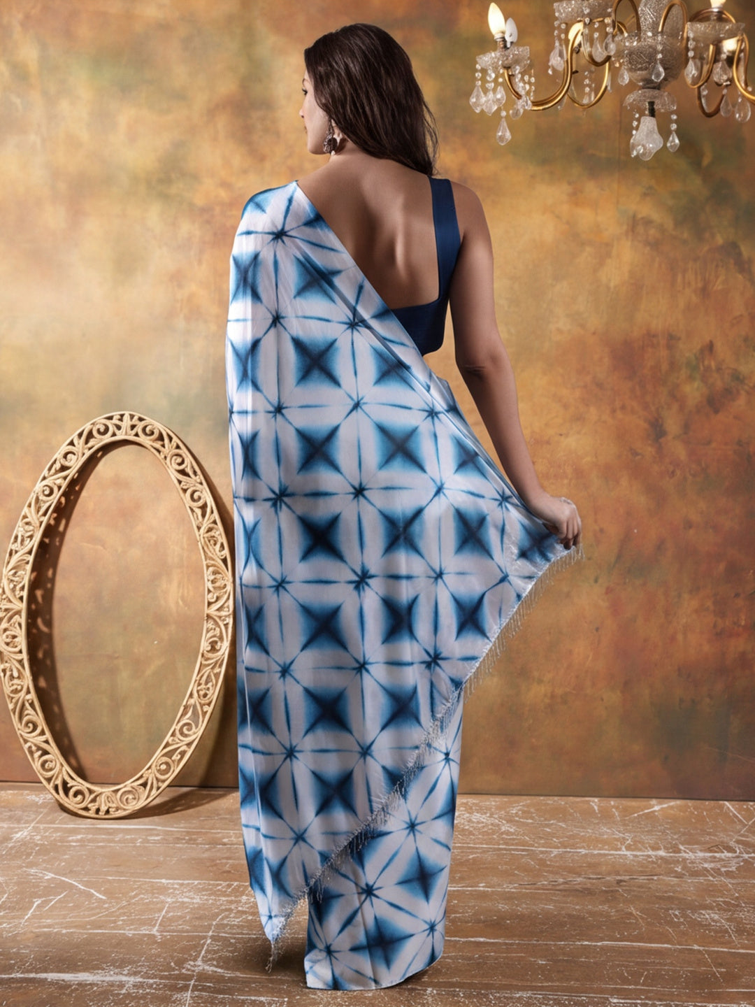 Beautiful Printed Chinon Ready To Wear Saree With Unstitched Blouse