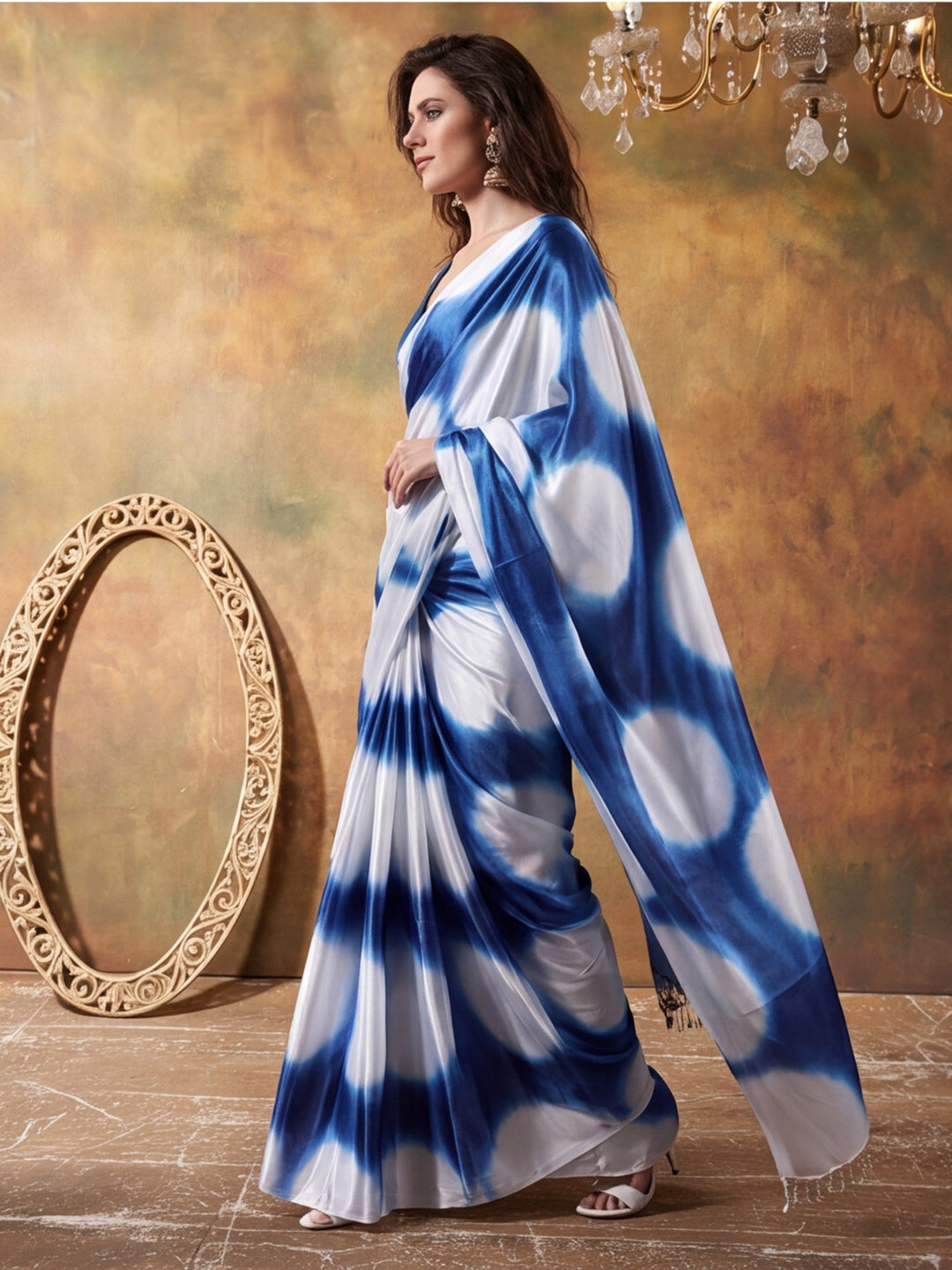 Beautiful Printed Chinon Ready To Wear Saree With Unstitched Blouse
