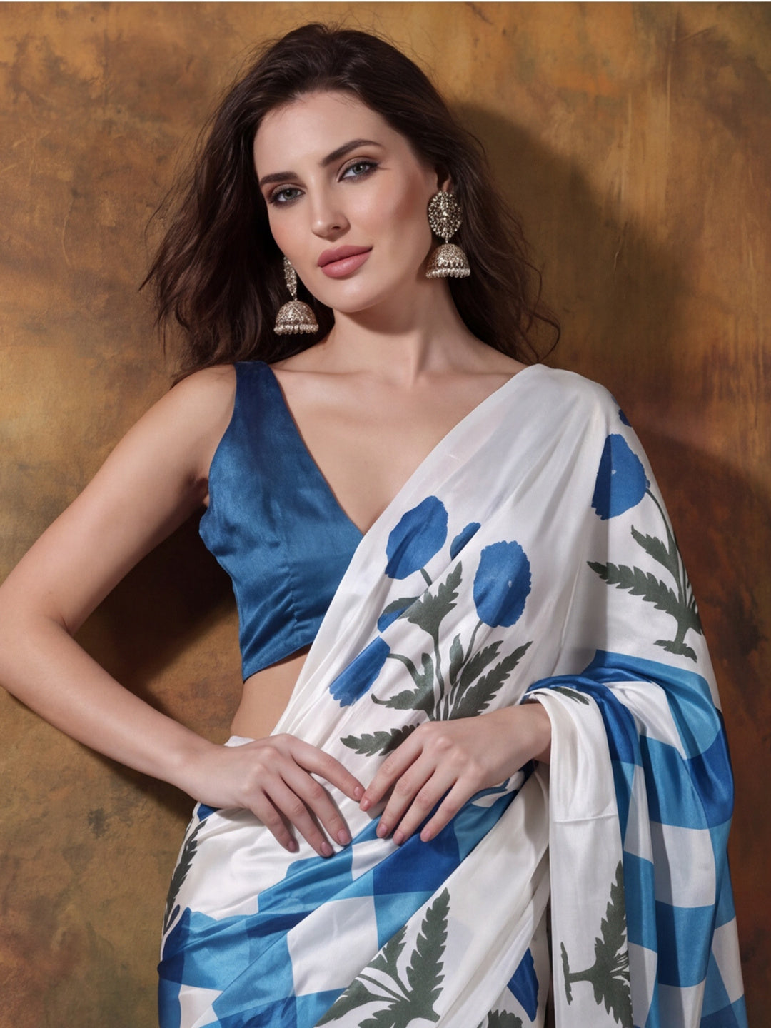 Beautiful Printed Chinon Ready To Wear Saree With Unstitched Blouse