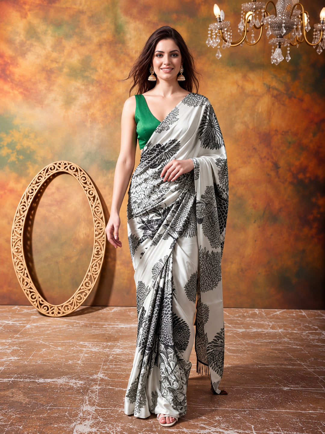 Beautiful Printed Chinon Ready To Wear Saree With Unstitched Blouse
