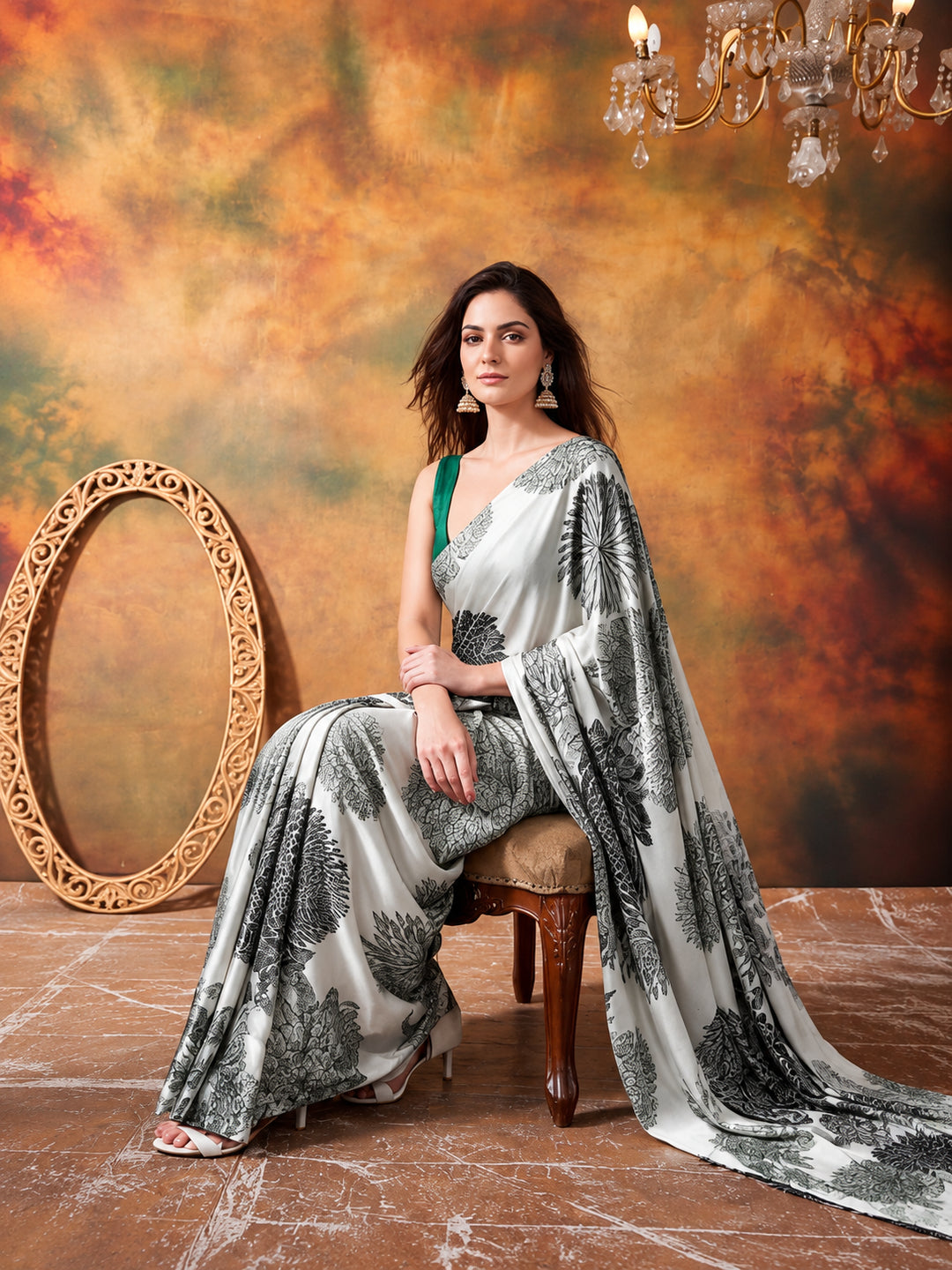 Beautiful Printed Chinon Ready To Wear Saree With Unstitched Blouse