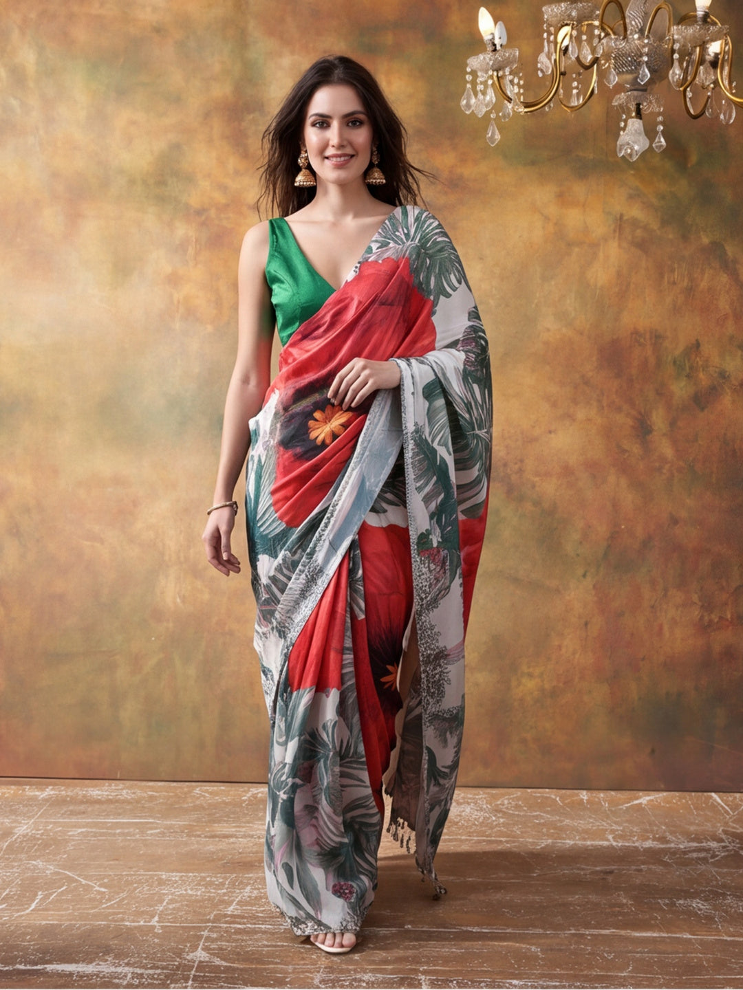 Beautiful Printed Chinon Ready To Wear Saree With Unstitched Blouse