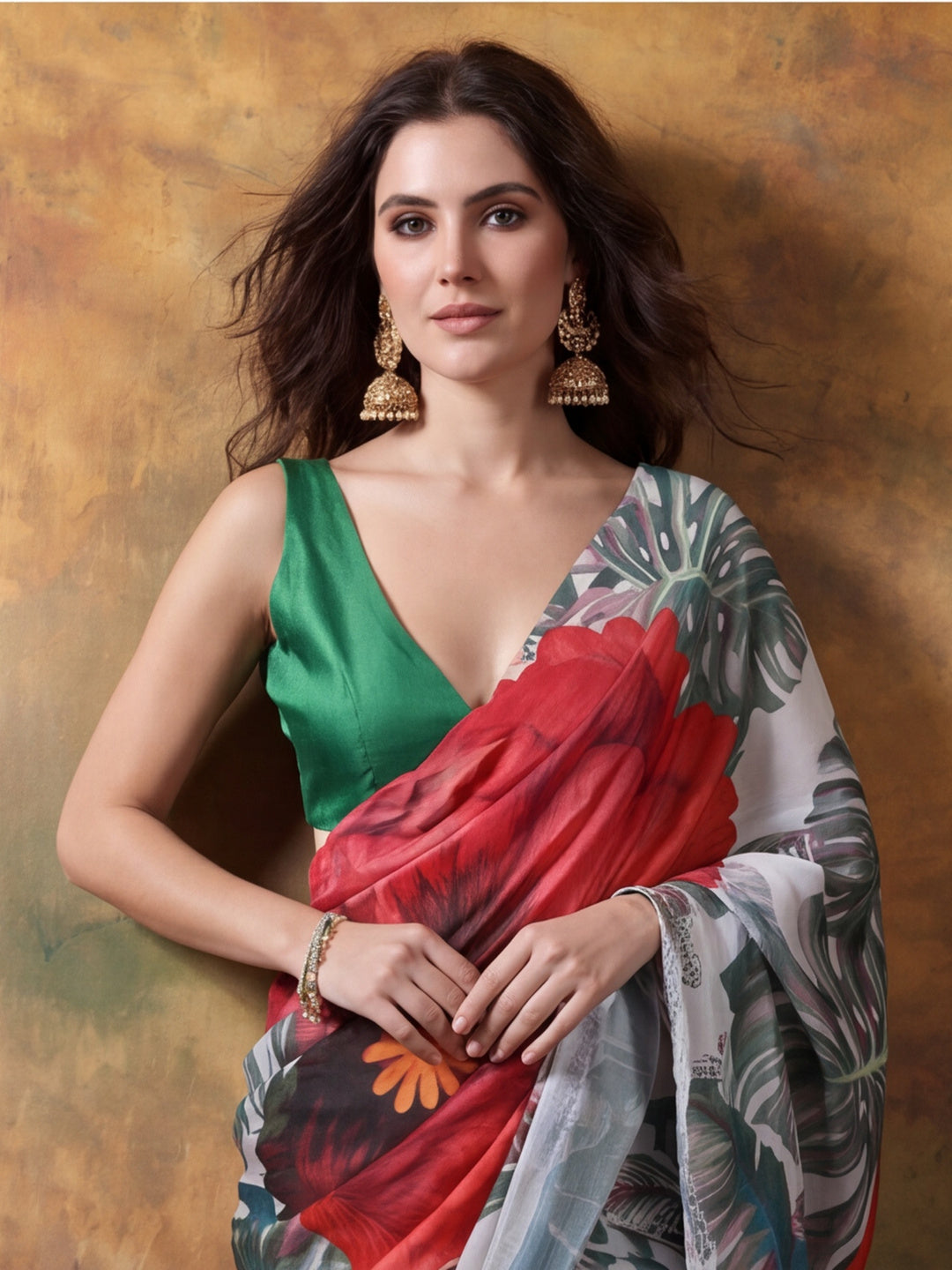 Beautiful Printed Chinon Ready To Wear Saree With Unstitched Blouse