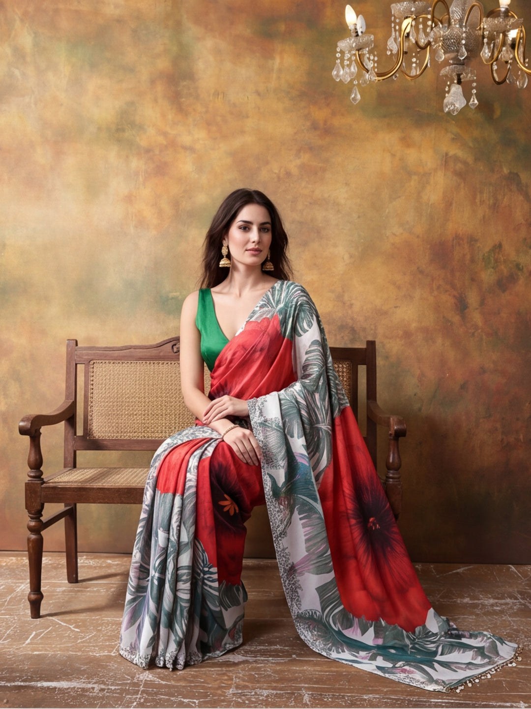 Beautiful Printed Chinon Ready To Wear Saree With Unstitched Blouse