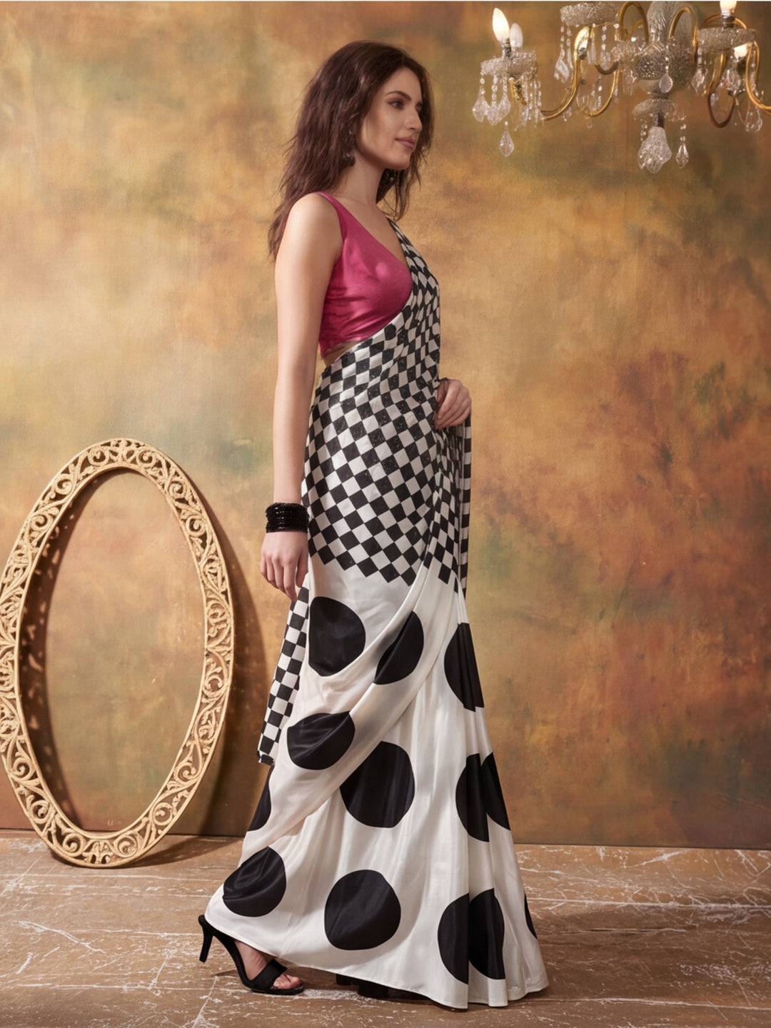 Beautiful Printed Chinon Ready To Wear Saree With Unstitched Blouse