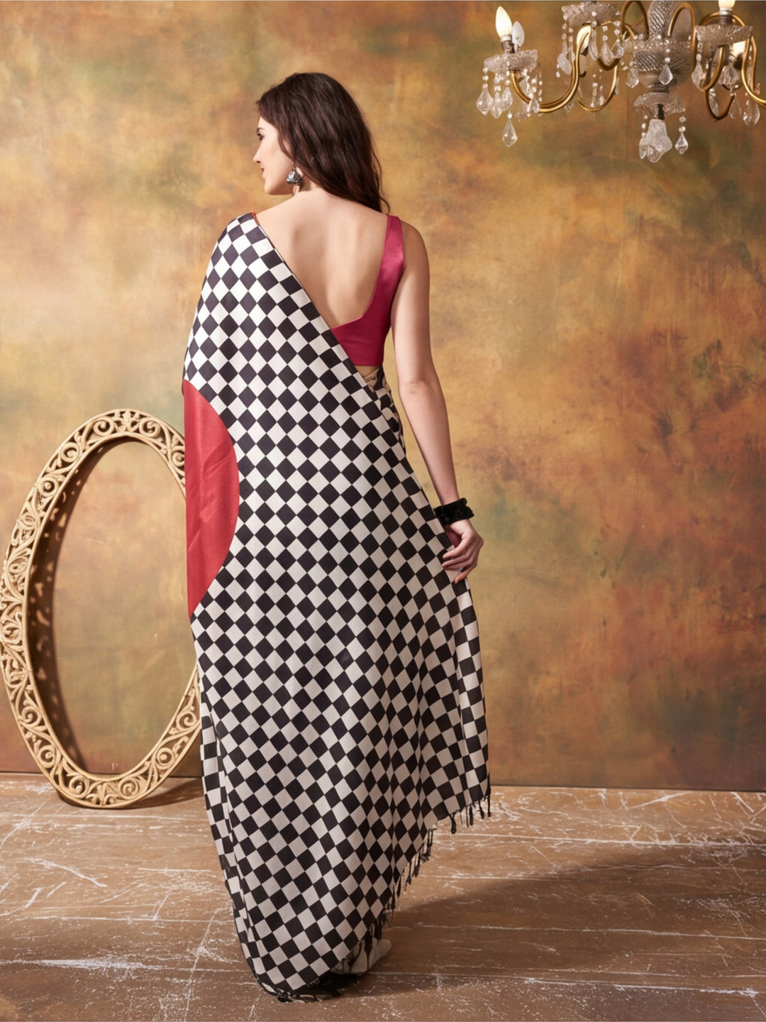 Beautiful Printed Chinon Ready To Wear Saree With Unstitched Blouse