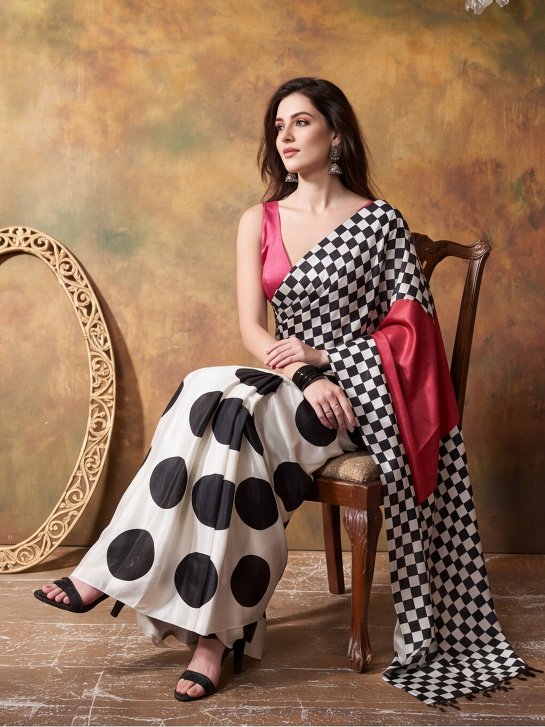 Beautiful Printed Chinon Ready To Wear Saree With Unstitched Blouse