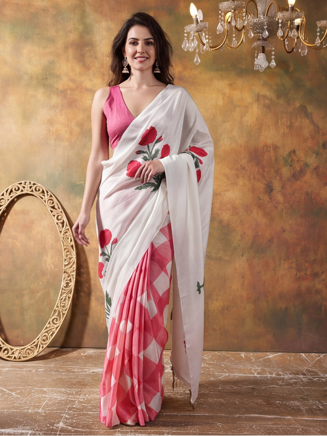 Beautiful Printed Chinon Ready To Wear Saree With Unstitched Blouse