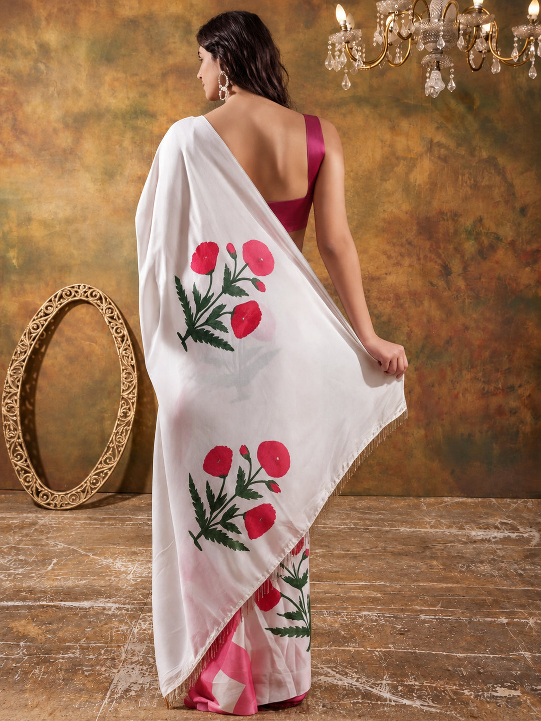 Beautiful Printed Chinon Ready To Wear Saree With Unstitched Blouse