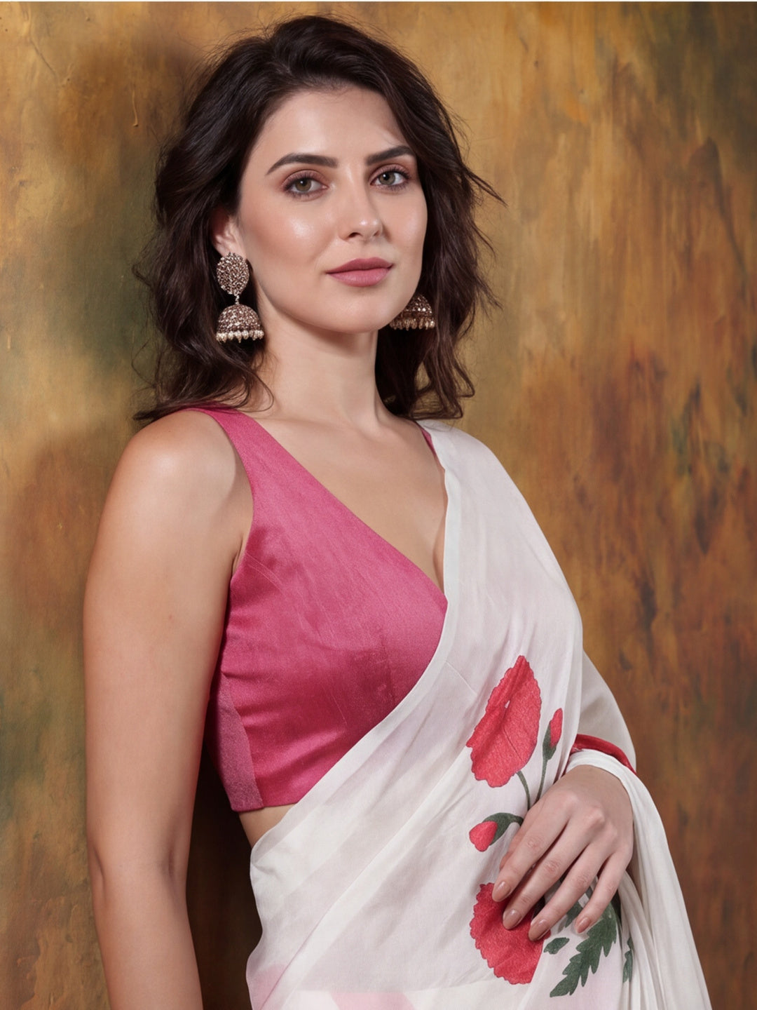 Beautiful Printed Chinon Ready To Wear Saree With Unstitched Blouse