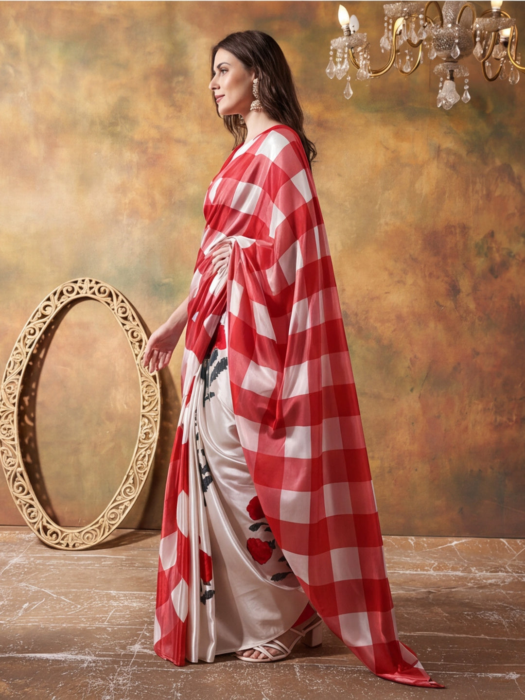 Beautiful Printed Chinon Ready To Wear Saree With Unstitched Blouse