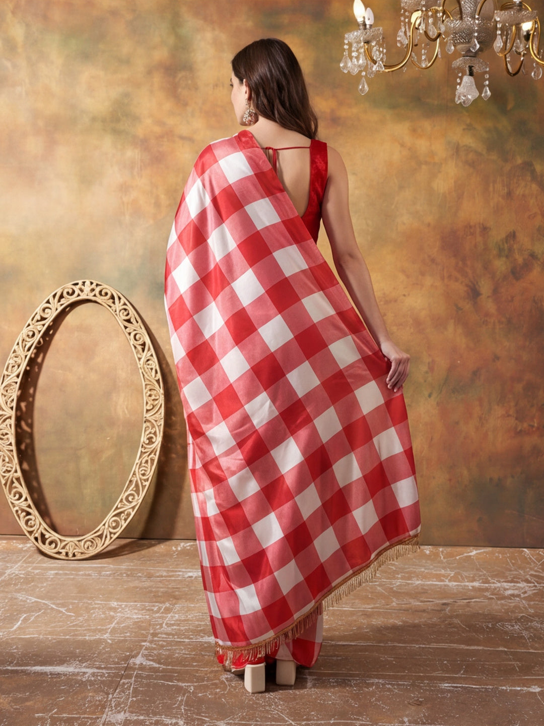Beautiful Printed Chinon Ready To Wear Saree With Unstitched Blouse