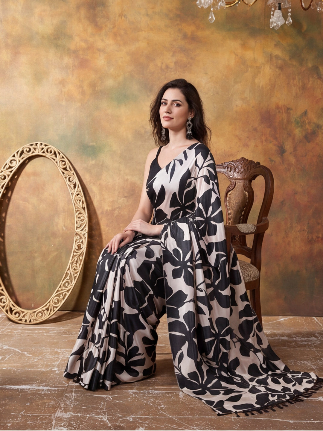 Beautiful Printed Chinon Ready To Wear Saree With Unstitched Blouse