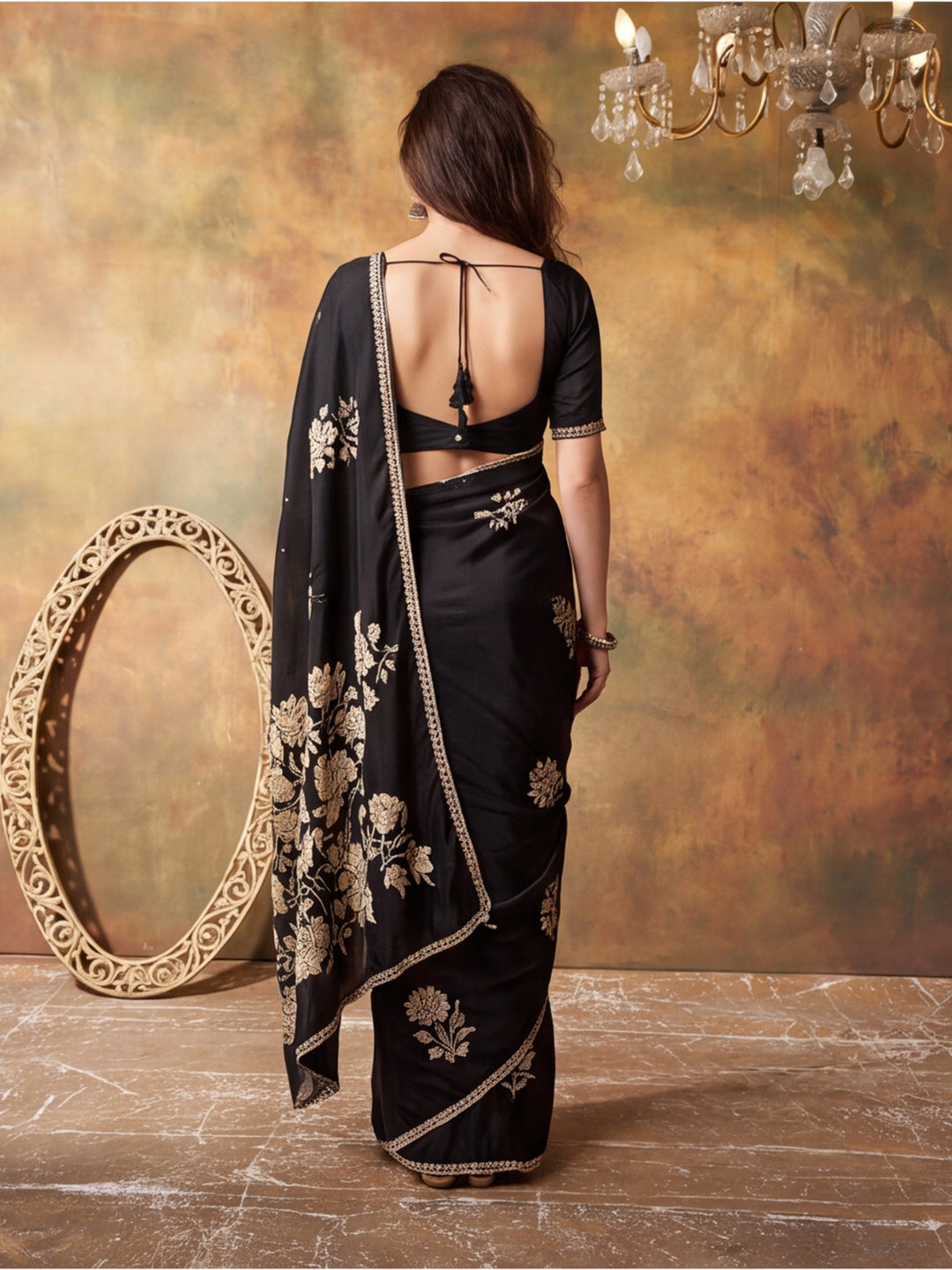 Beautiful Printed Chinon Ready To Wear Saree With Unstitched Blouse