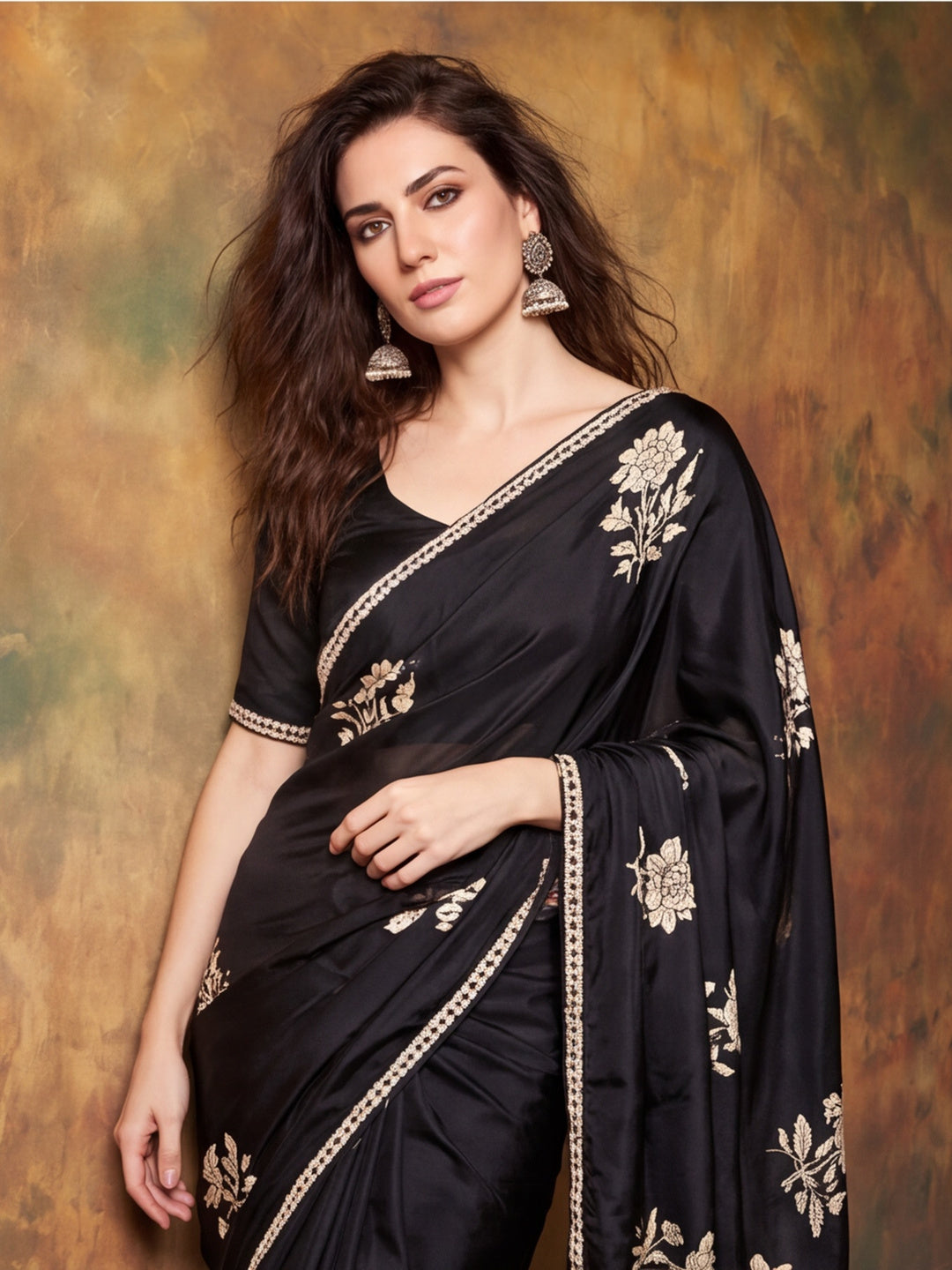 Beautiful Printed Chinon Ready To Wear Saree With Unstitched Blouse