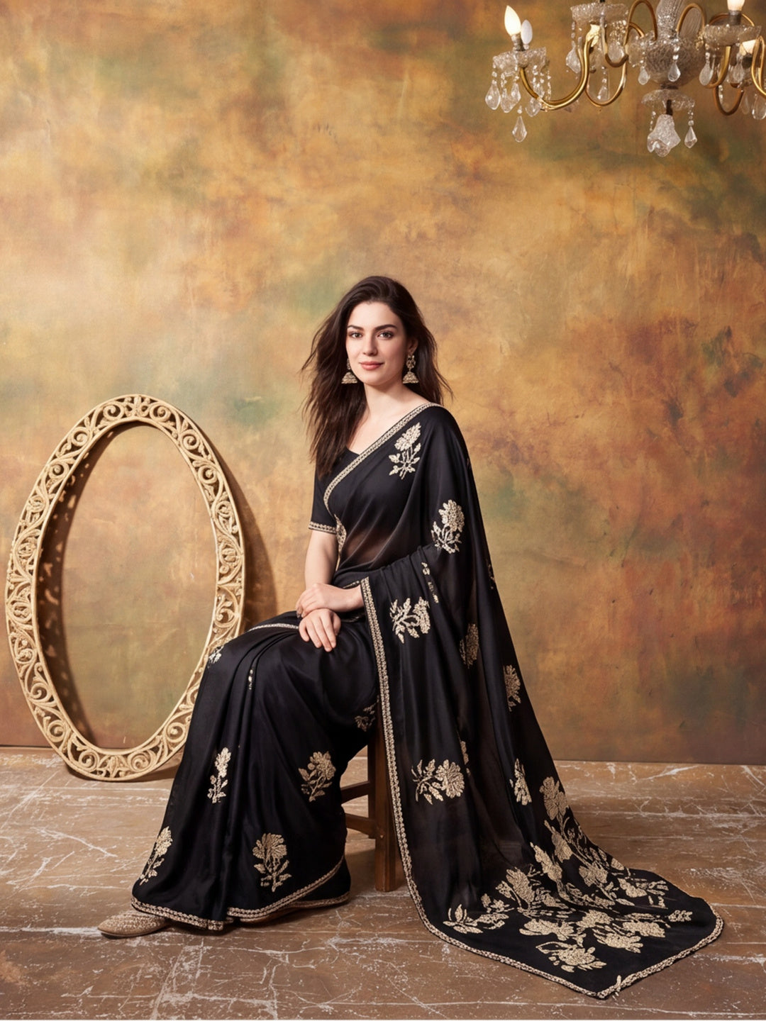 Beautiful Printed Chinon Ready To Wear Saree With Unstitched Blouse