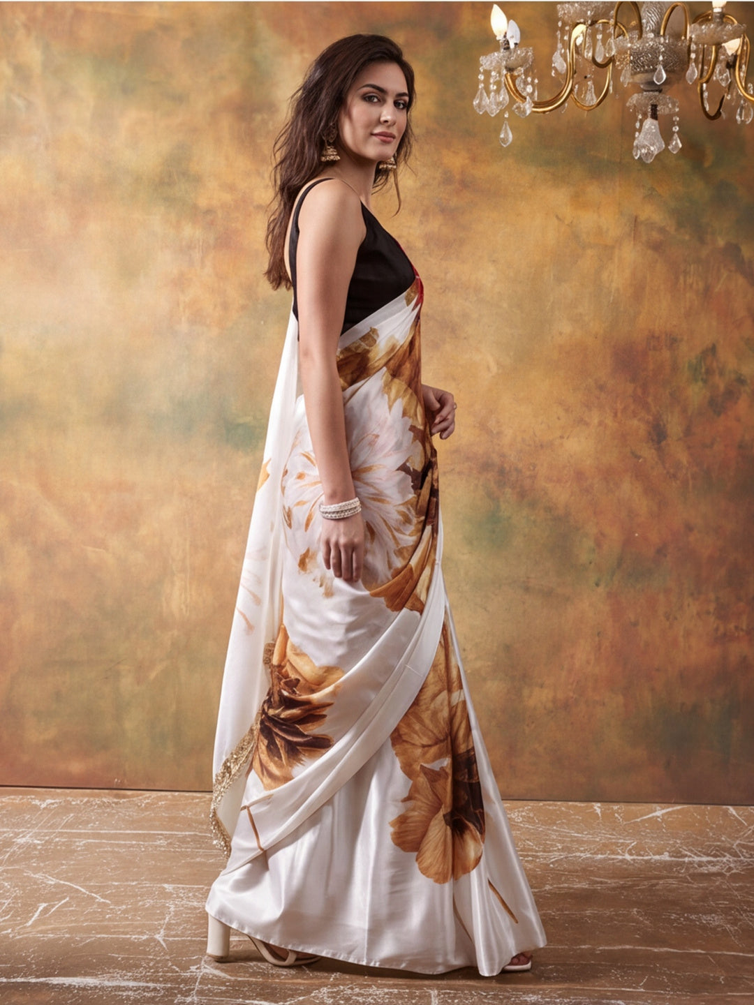 Beautiful Printed Chinon Ready To Wear Saree With Unstitched Blouse