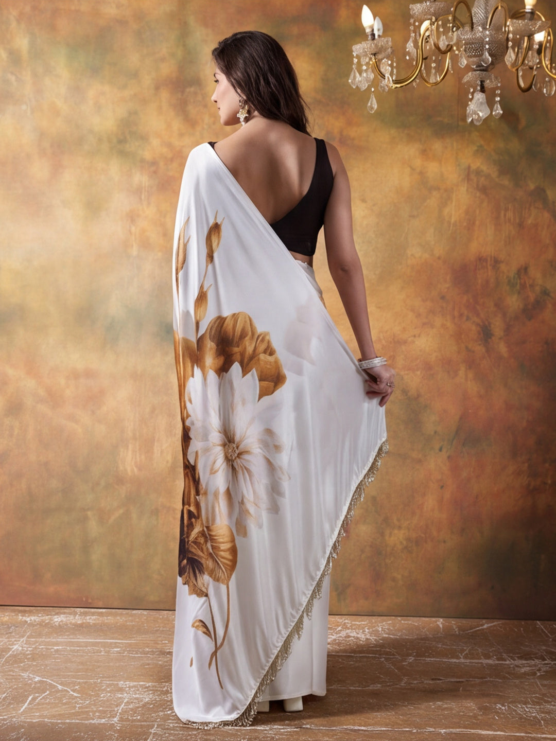 Beautiful Printed Chinon Ready To Wear Saree With Unstitched Blouse