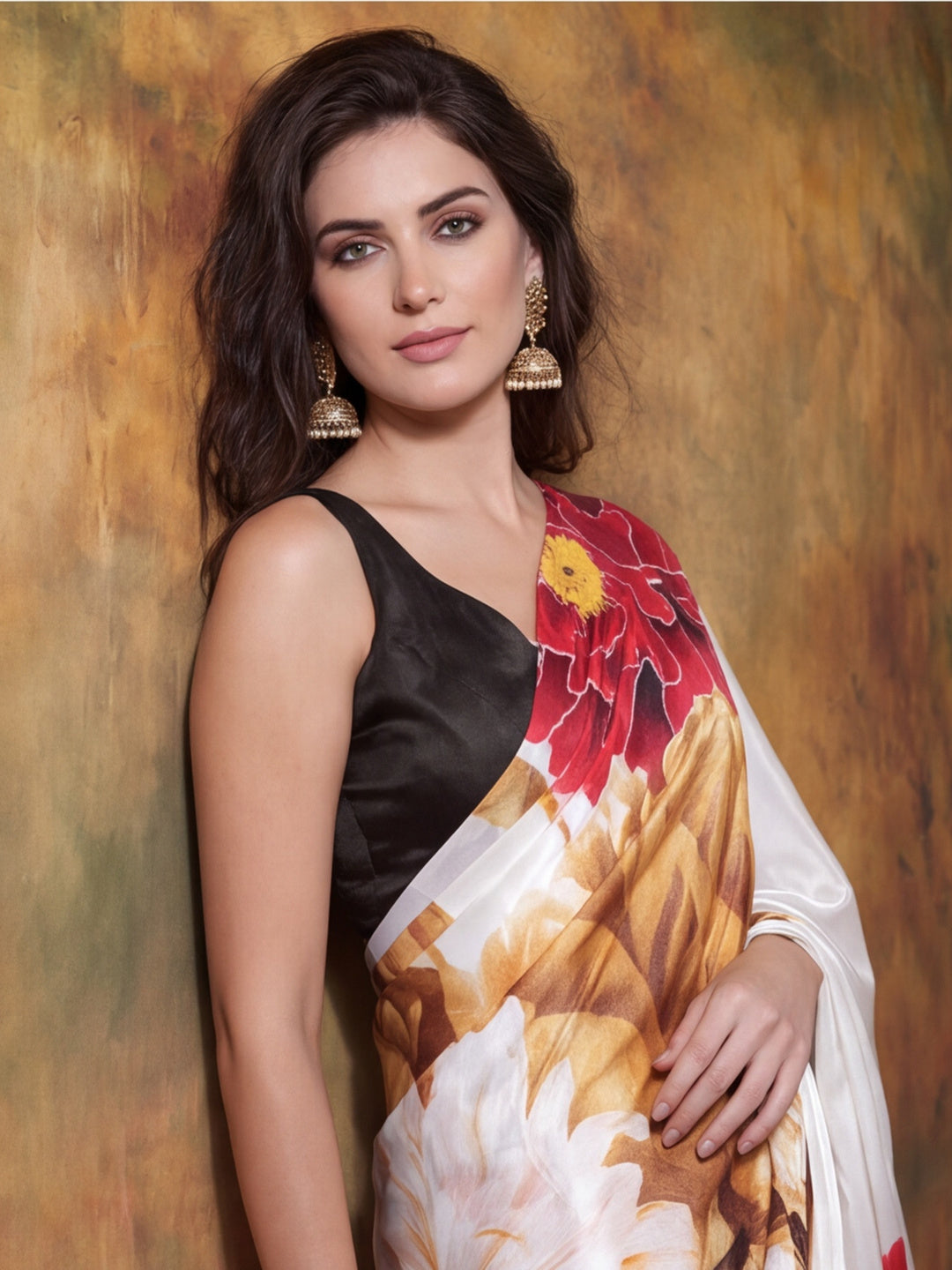 Beautiful Printed Chinon Ready To Wear Saree With Unstitched Blouse