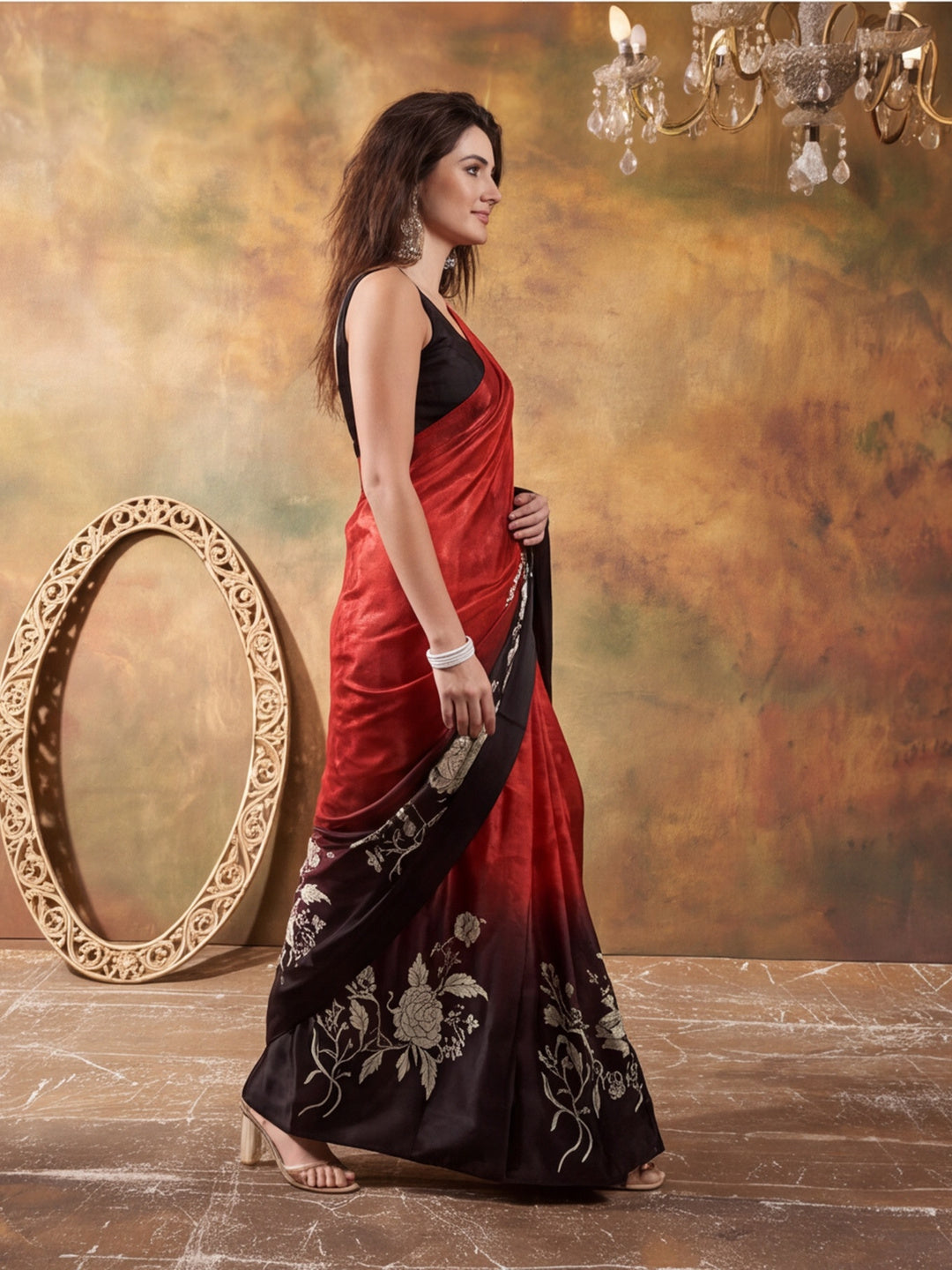 Beautiful Printed Chinon Ready To Wear Saree With Unstitched Blouse