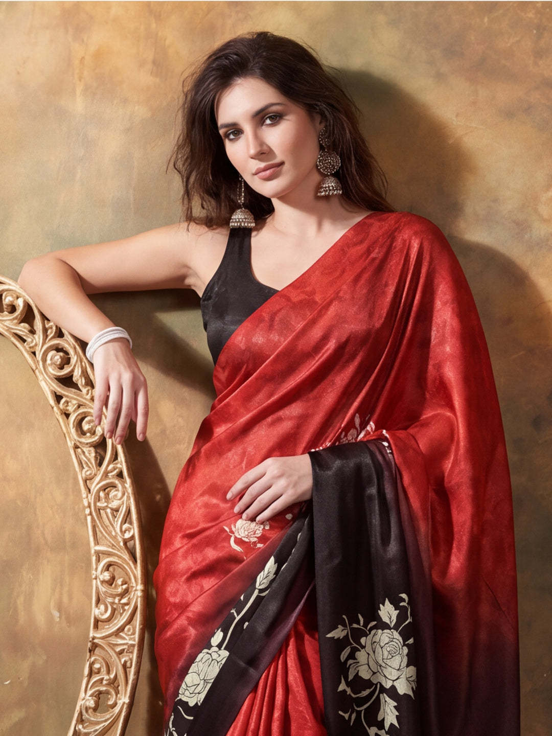 Beautiful Printed Chinon Ready To Wear Saree With Unstitched Blouse
