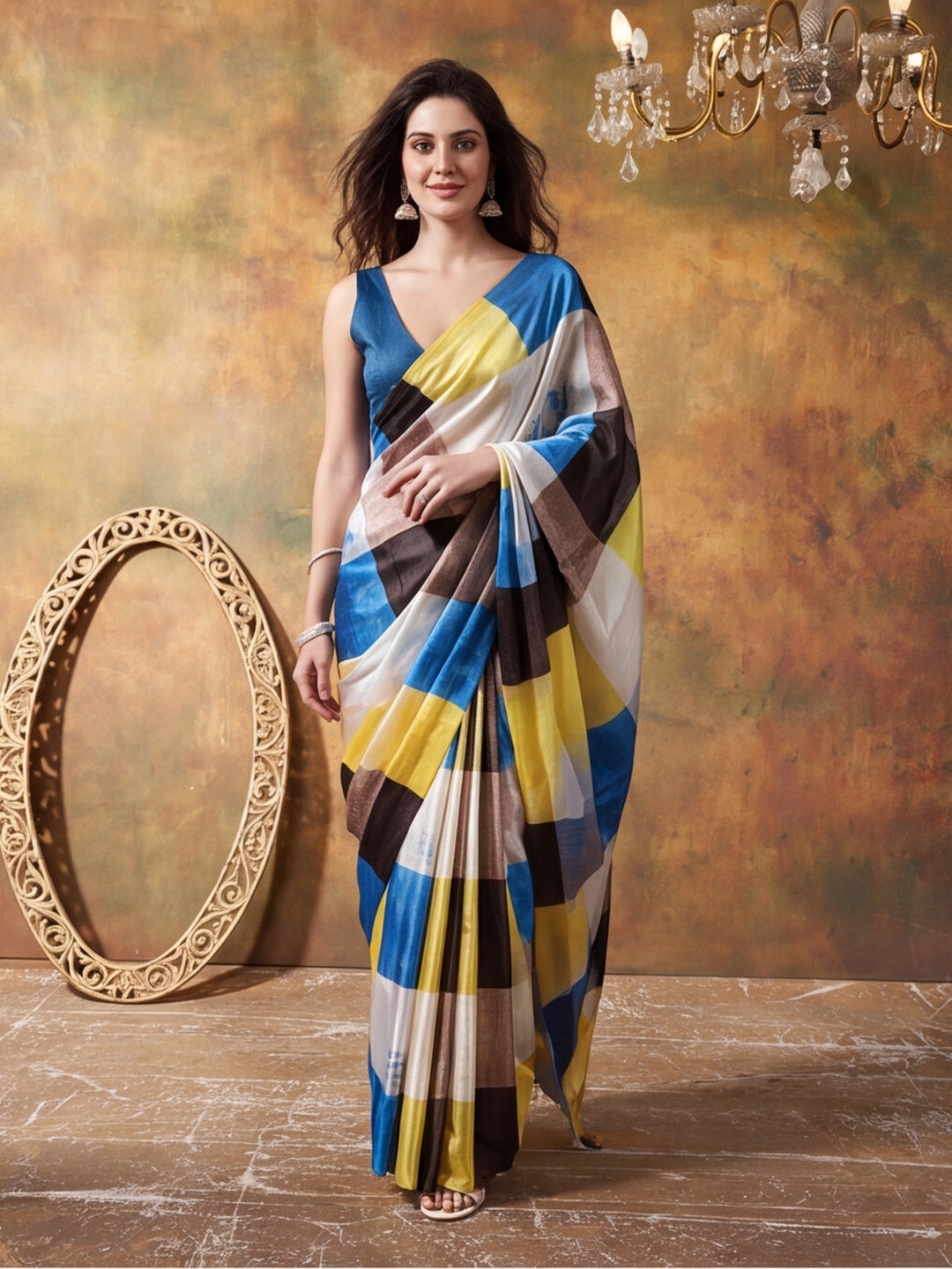 Beautiful Printed Chinon Ready To Wear Saree With Unstitched Blouse