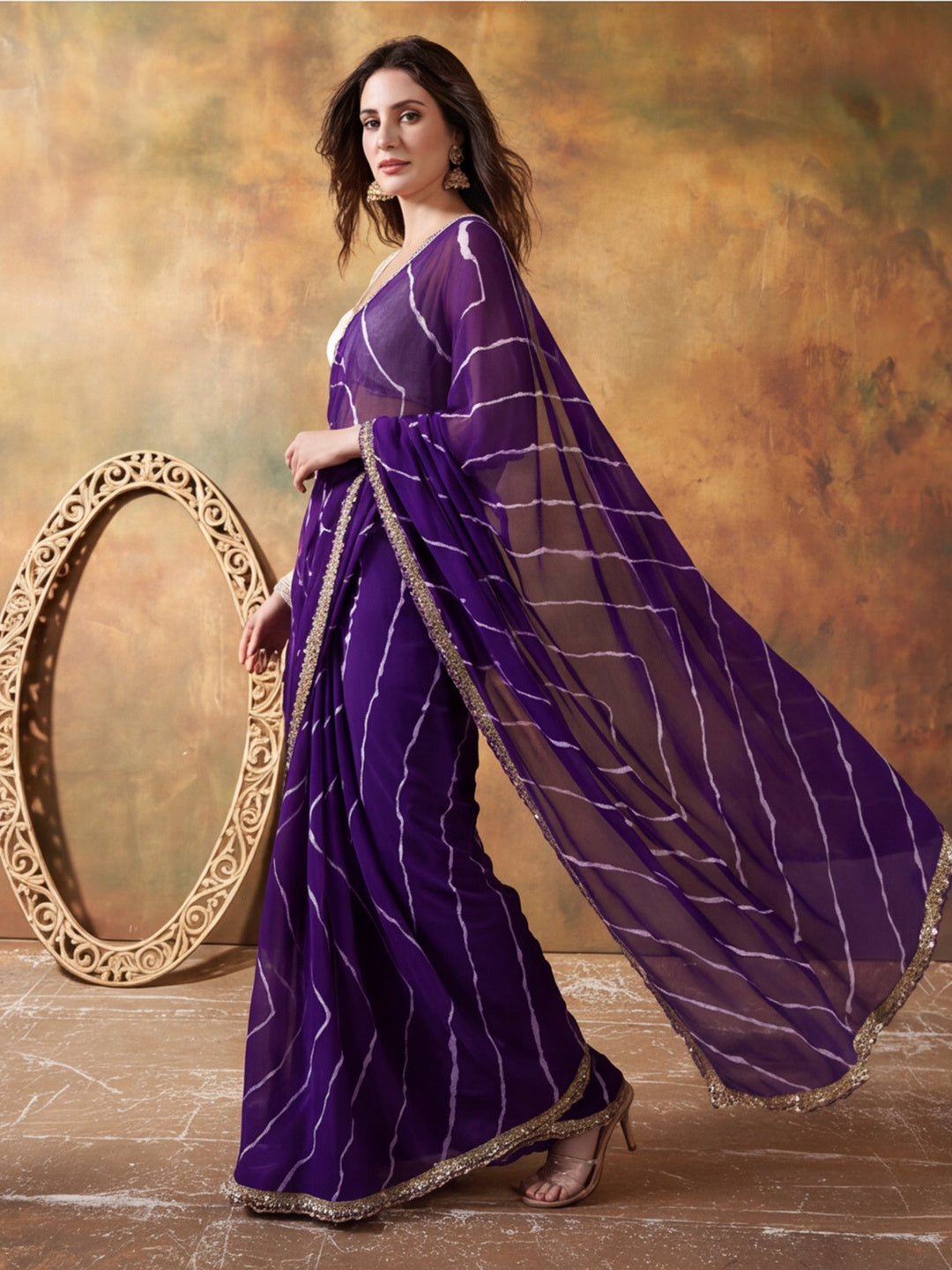 Embellished Laheriya Printed Georgette Ready To Wear Saree With Unstitched Blouse