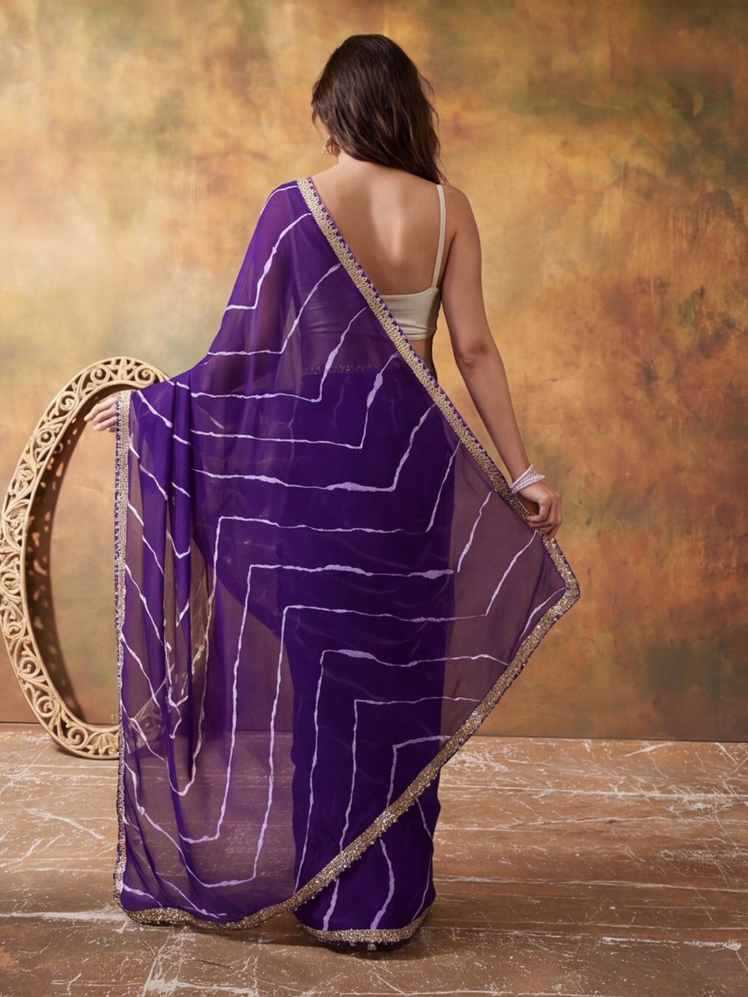 Embellished Laheriya Printed Georgette Ready To Wear Saree With Unstitched Blouse