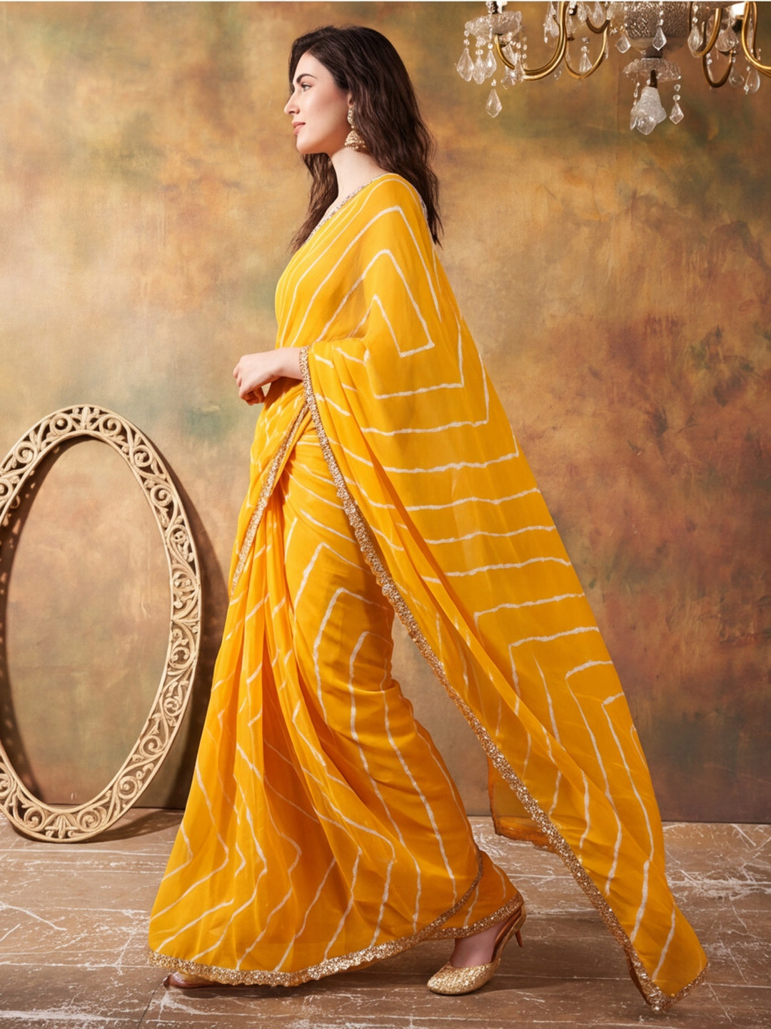 Embellished Laheriya Printed Georgette Ready To Wear Saree With Unstitched Blouse