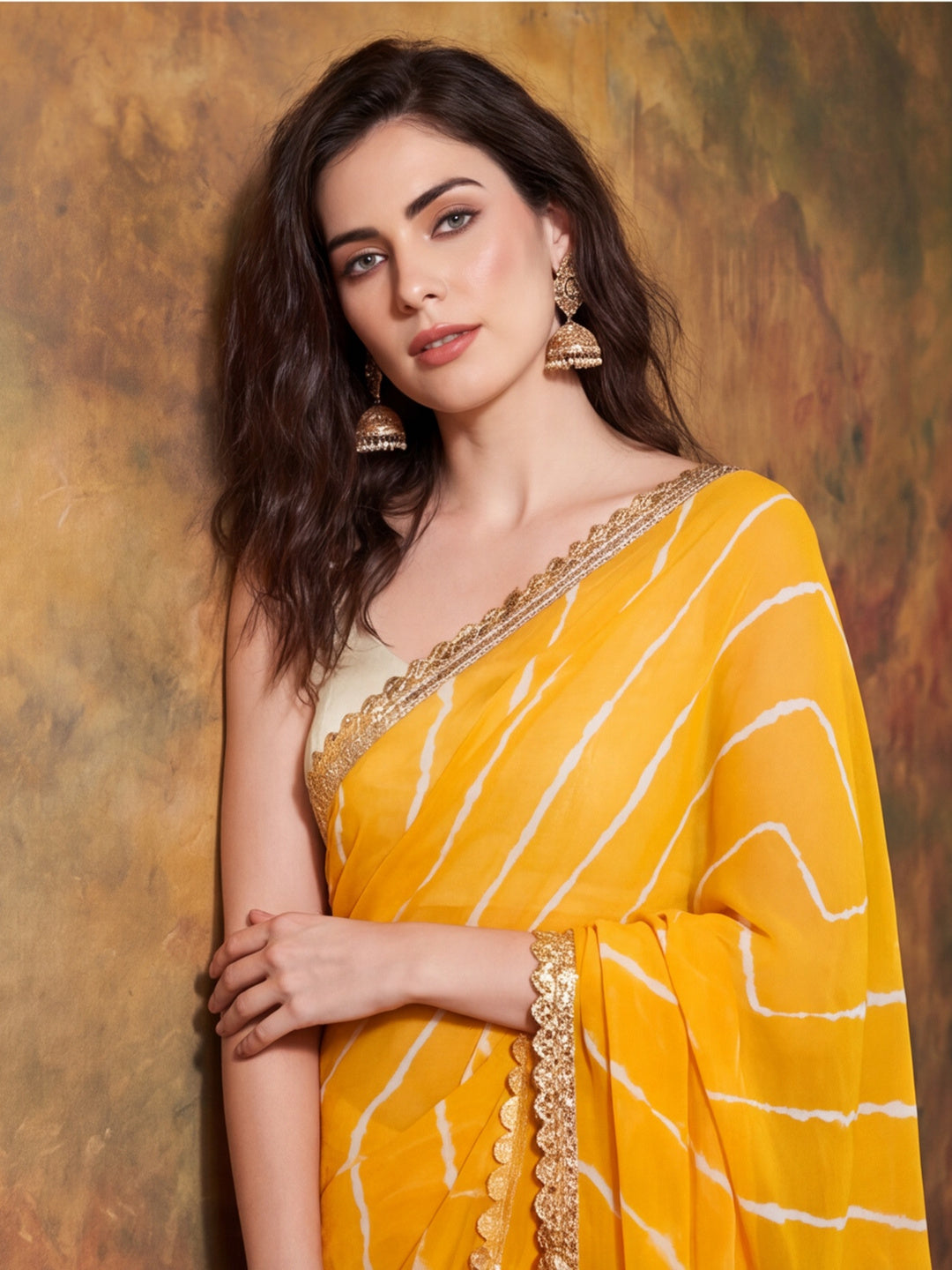 Embellished Laheriya Printed Georgette Ready To Wear Saree With Unstitched Blouse