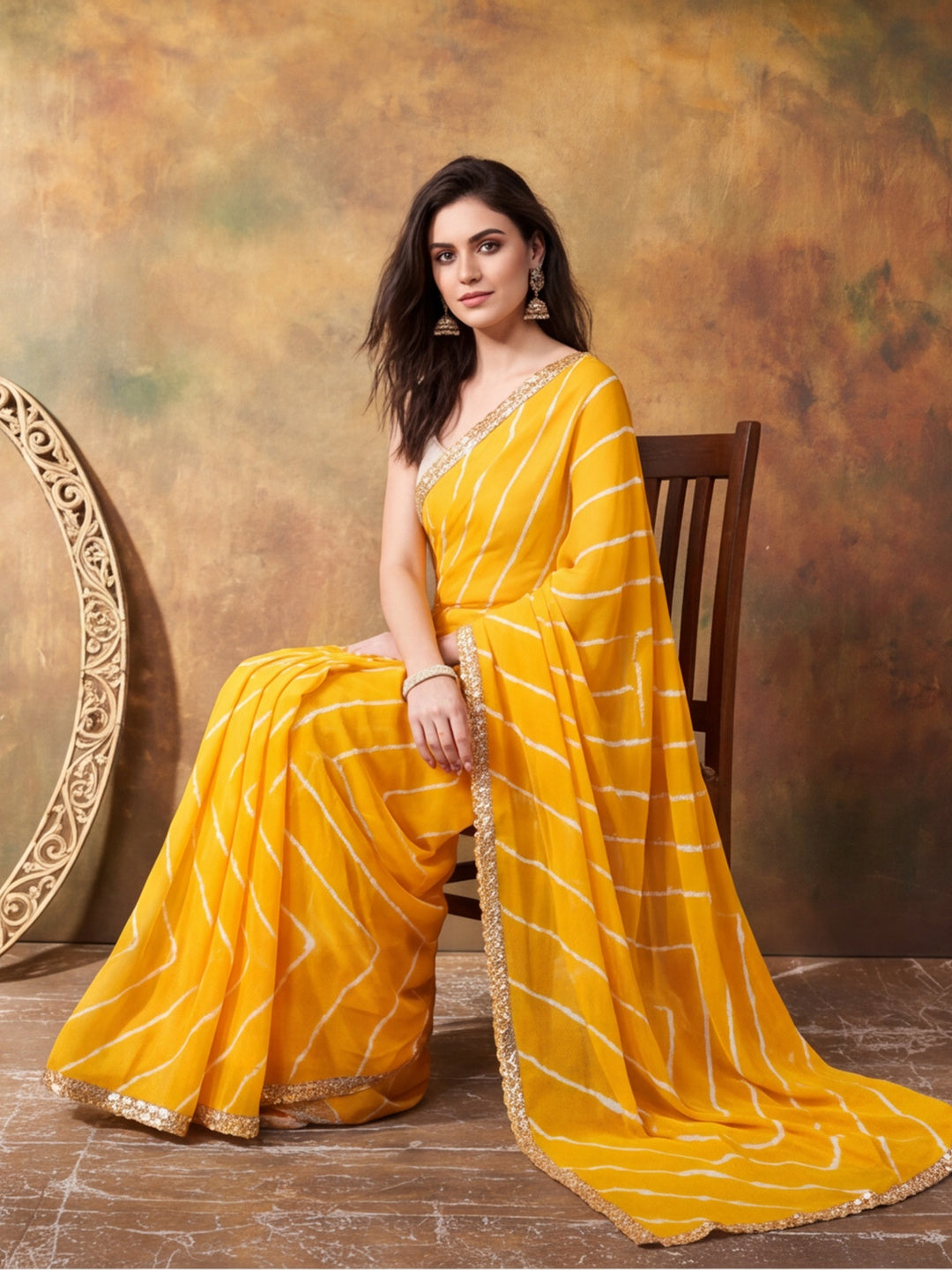 Embellished Laheriya Printed Georgette Ready To Wear Saree With Unstitched Blouse