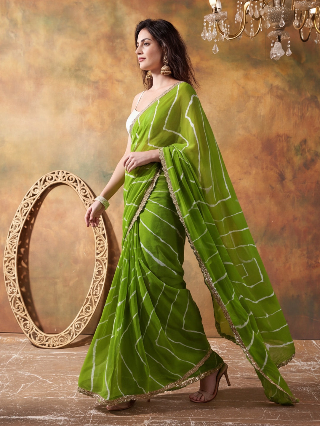Embellished Laheriya Printed Georgette Ready To Wear Saree With Unstitched Blouse