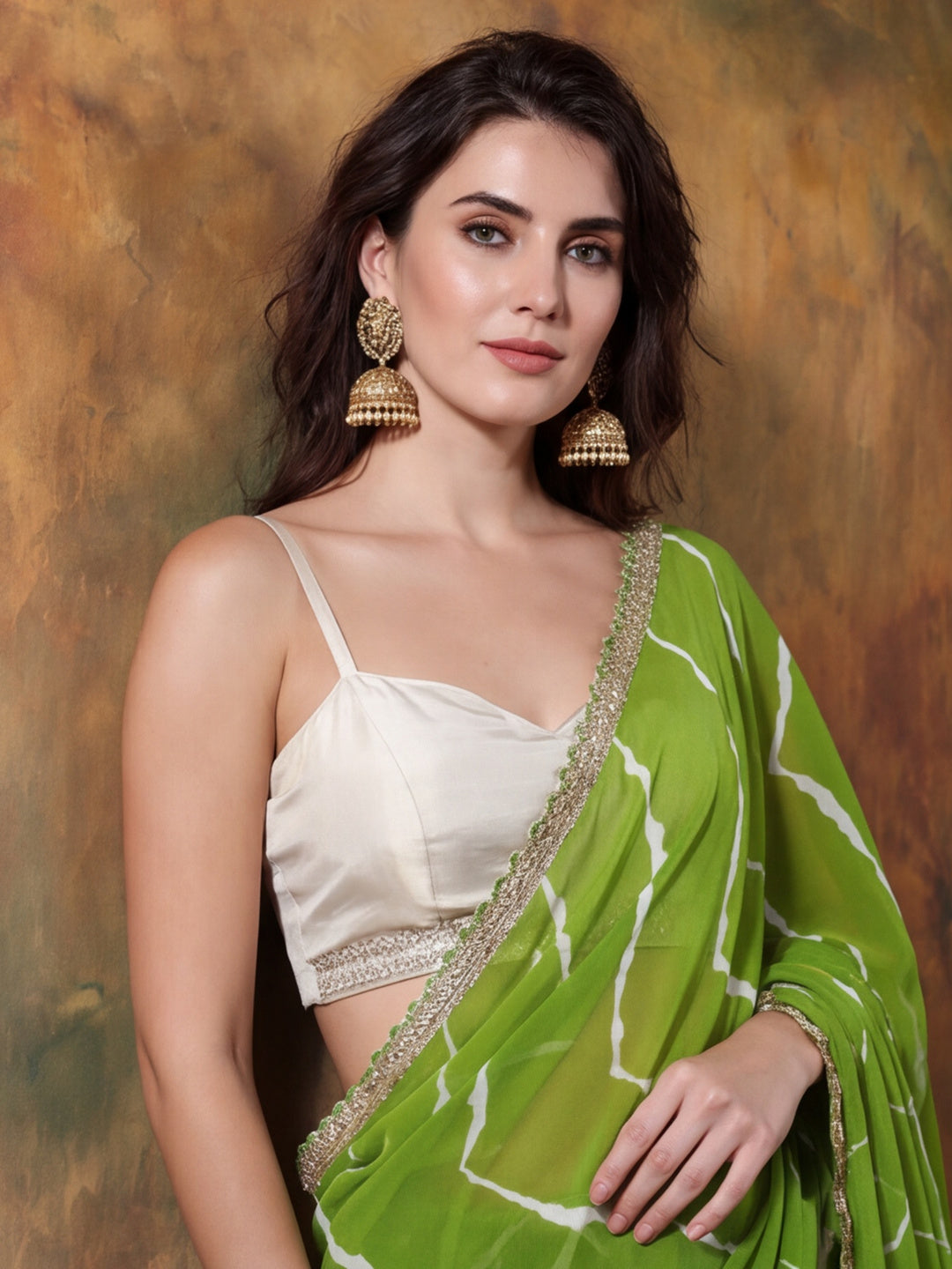 Embellished Laheriya Printed Georgette Ready To Wear Saree With Unstitched Blouse