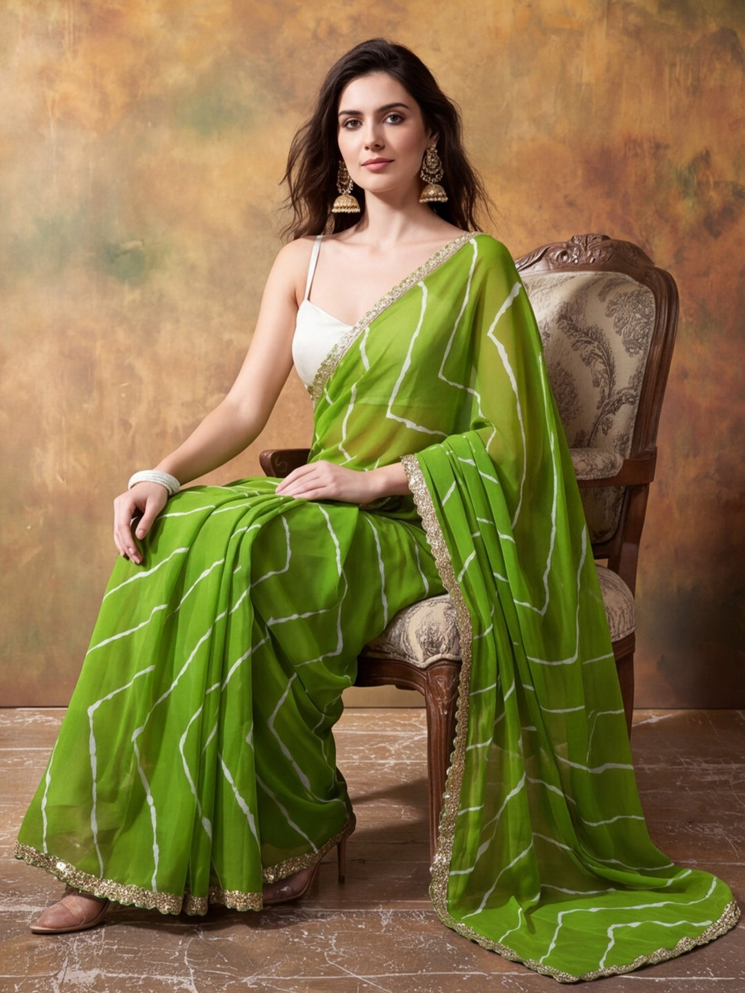 Embellished Laheriya Printed Georgette Ready To Wear Saree With Unstitched Blouse