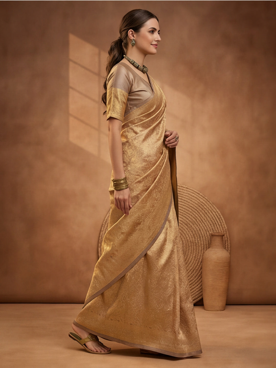 Beige Woven Design Saree with Subtle Border