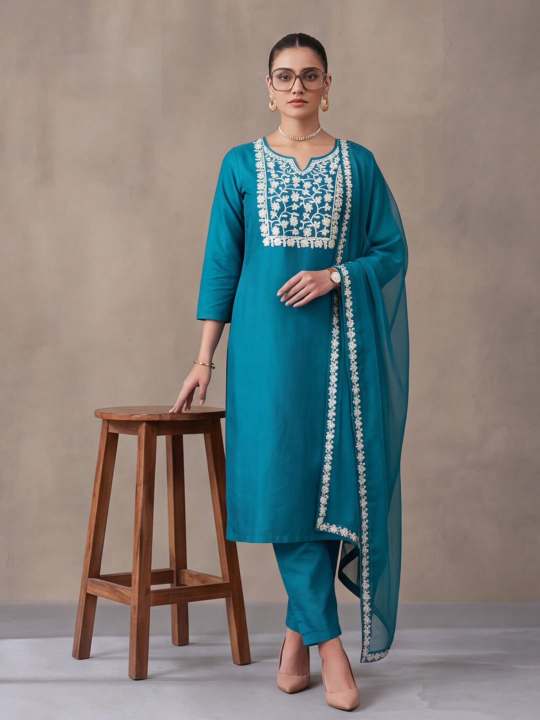 Women's Teal Blue Floral Embroidered Kurta Set with Dupatta | Straight Ethnic Festive Wear Suit
