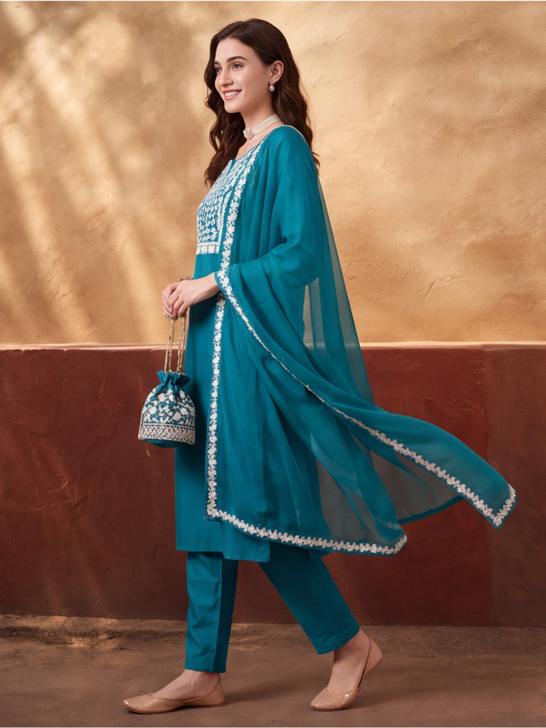 Women's Teal Blue Floral Embroidered Kurta Set with Dupatta | Straight Ethnic Festive Wear Suit