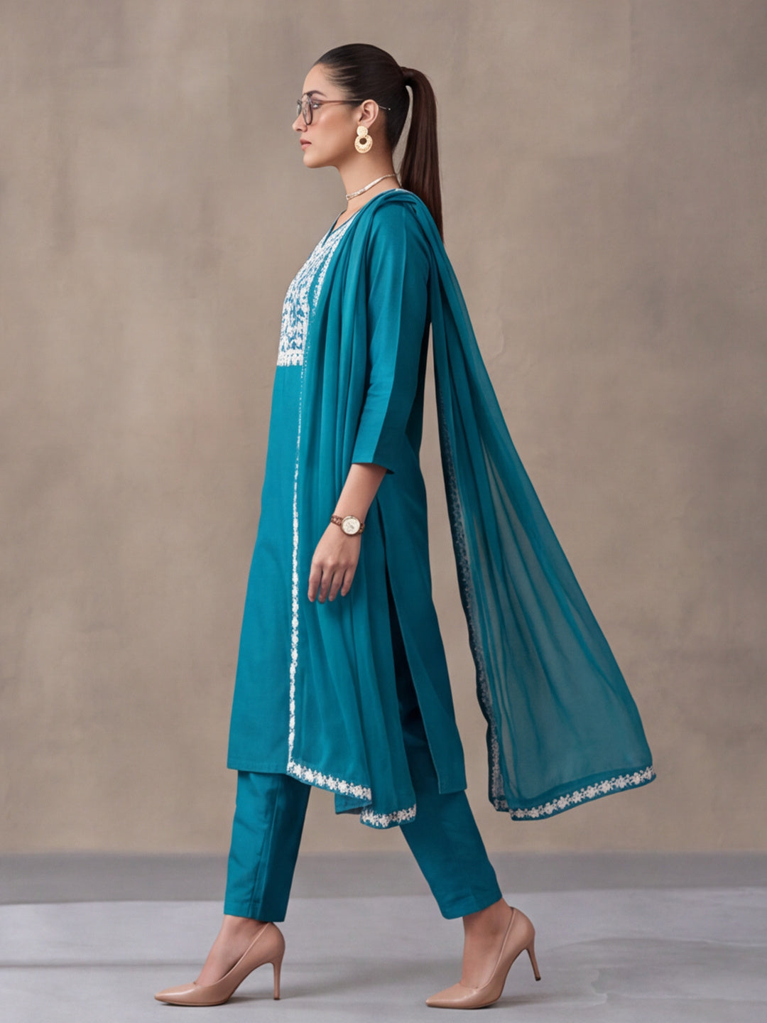 Women's Teal Blue Floral Embroidered Kurta Set with Dupatta | Straight Ethnic Festive Wear Suit
