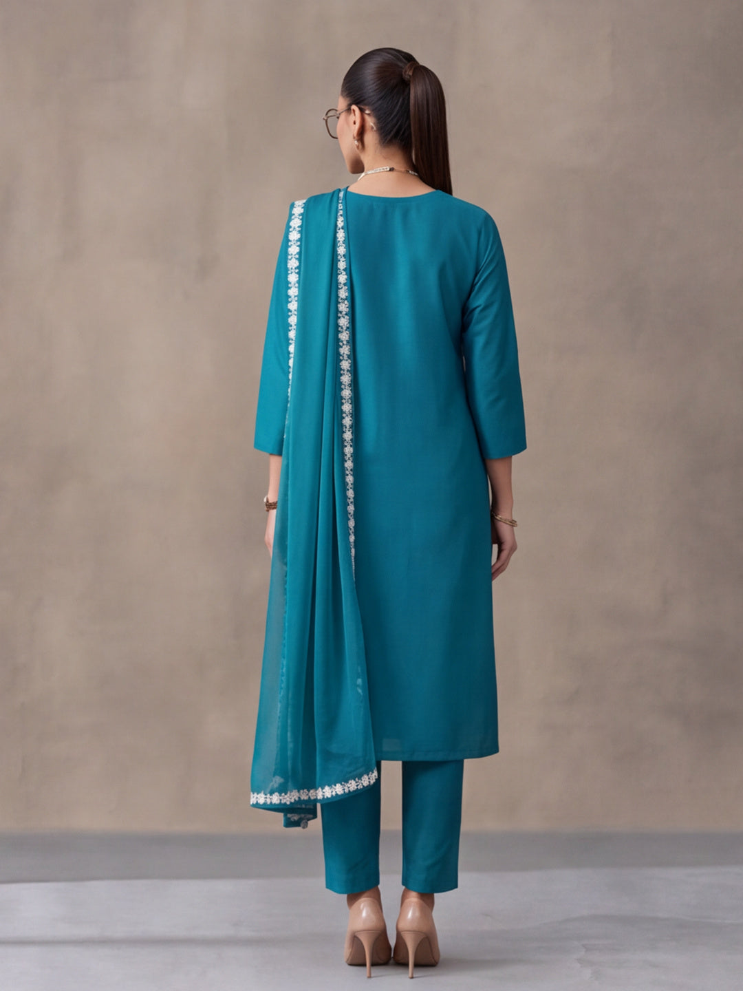 Women's Teal Blue Floral Embroidered Kurta Set with Dupatta | Straight Ethnic Festive Wear Suit