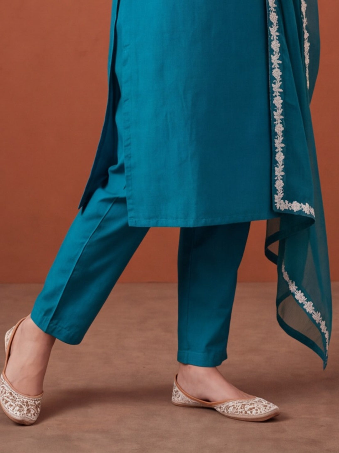 Women's Teal Blue Floral Embroidered Kurta Set with Dupatta | Straight Ethnic Festive Wear Suit