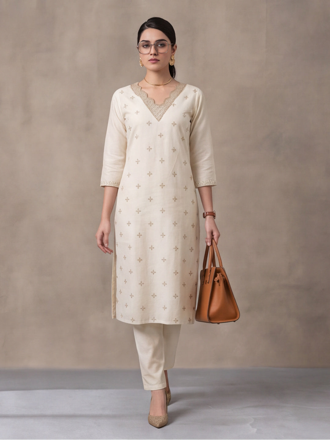 Women's Off White Embroidered Kurta Set with Organza Dupatta | Straight Ethnic Festive Wear Suit