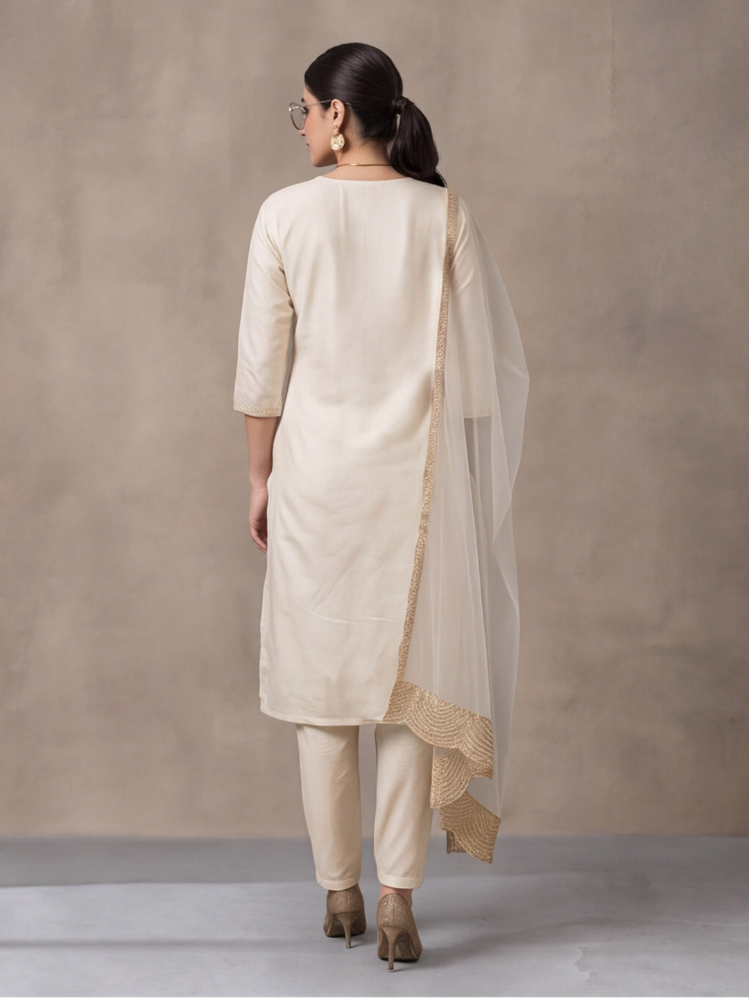 Women's Off White Embroidered Kurta Set with Organza Dupatta | Straight Ethnic Festive Wear Suit