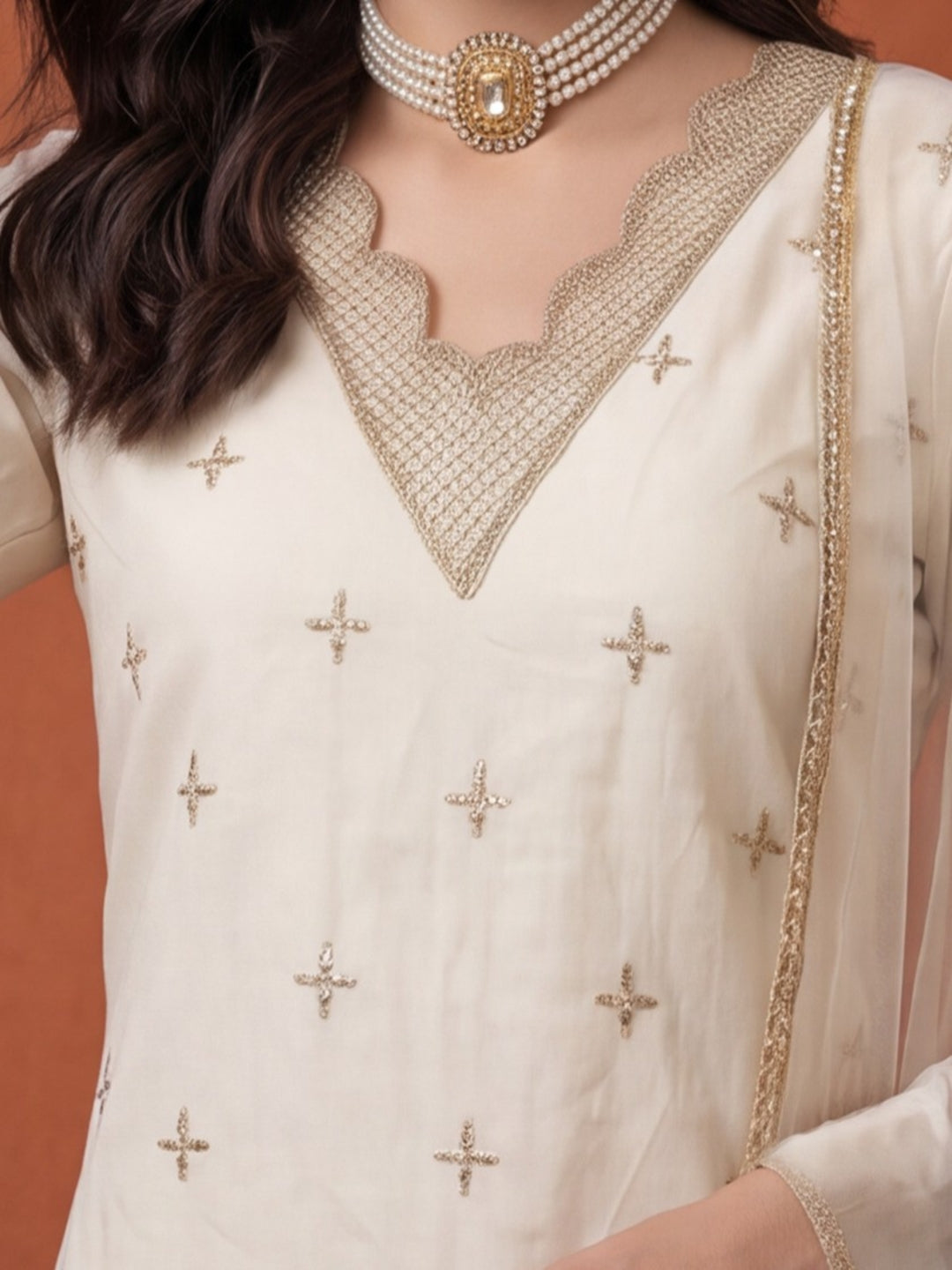 Women's Off White Embroidered Kurta Set with Organza Dupatta | Straight Ethnic Festive Wear Suit