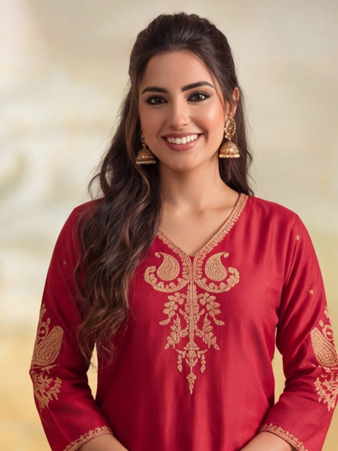 Women Embroidery Red Kurta Set with Dupatta