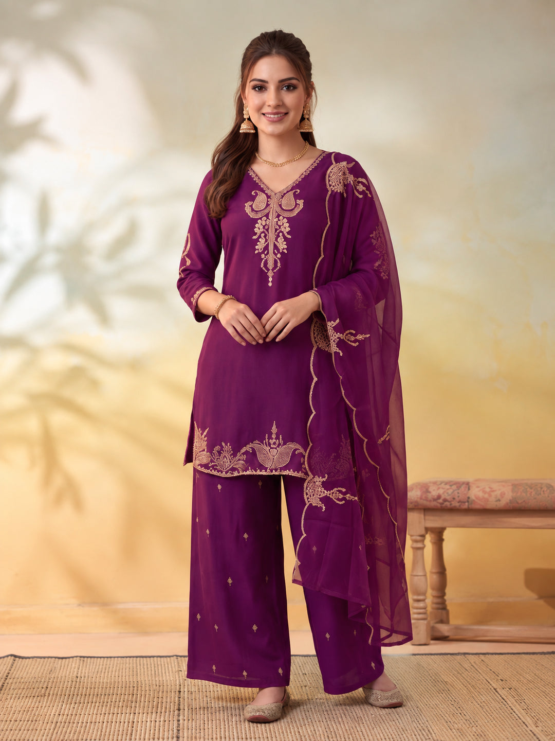 Women Embroidery Wine Kurta Set with Dupatta