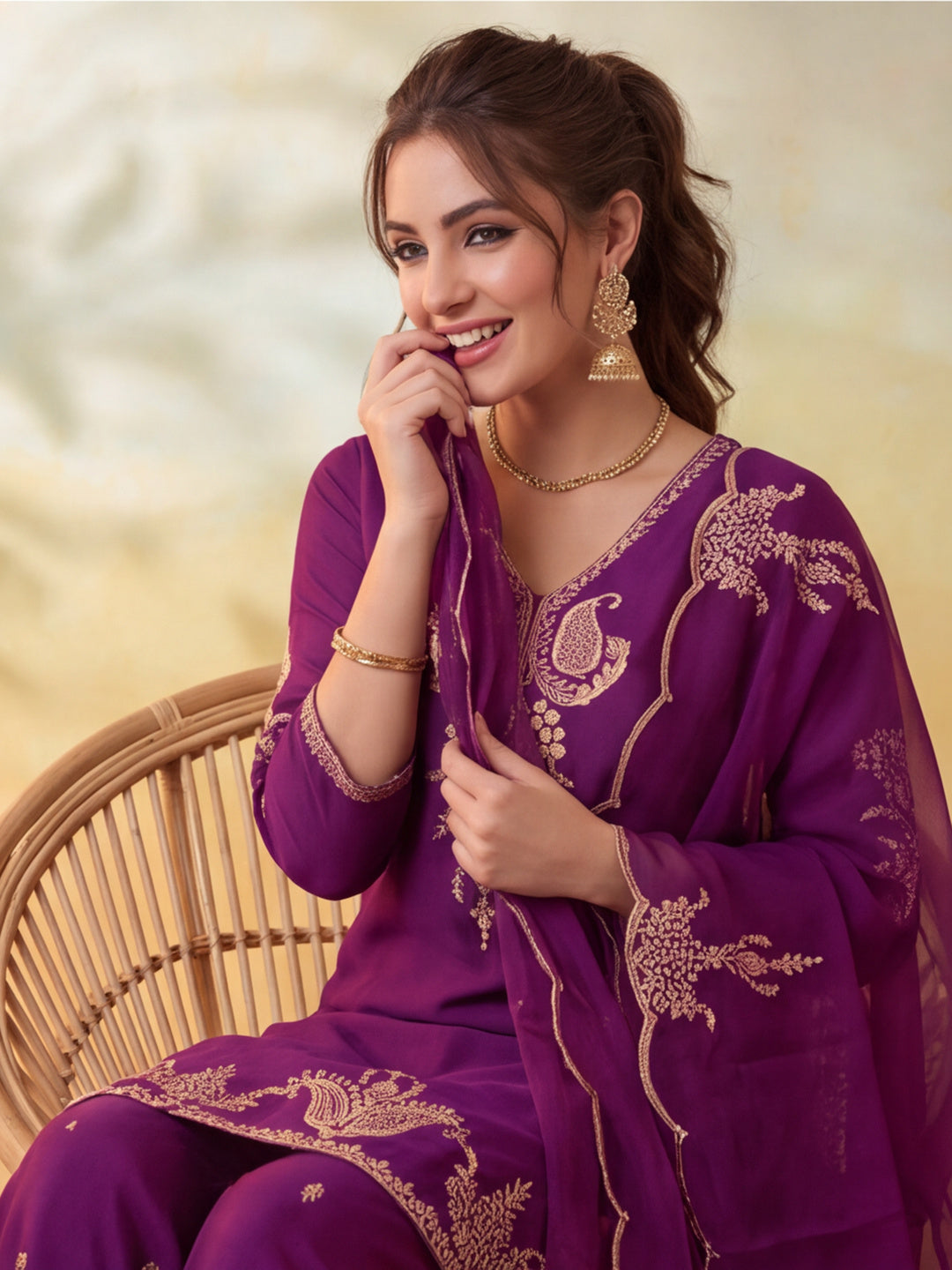 Women Embroidery Wine Kurta Set with Dupatta