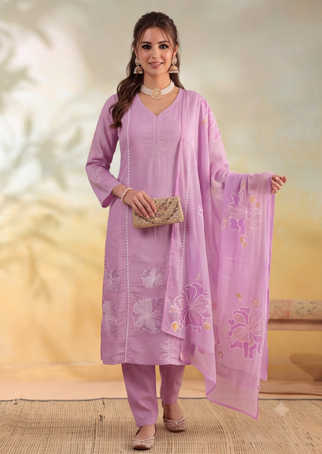 Women Floral Embroidery Lavender Kurta Set with Dupatta