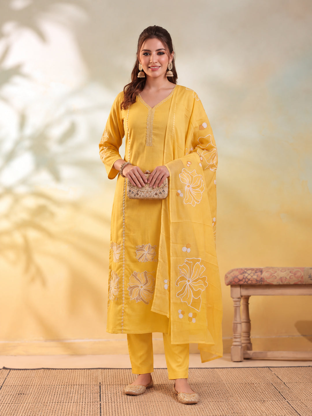 Women Floral Embroidery Yellow Kurta Set with Dupatta